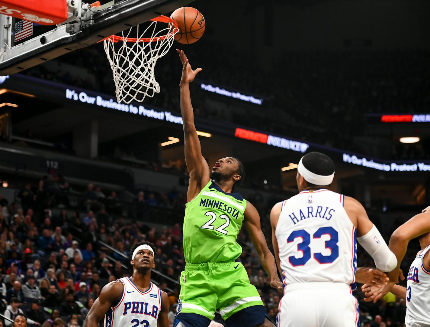 Wolves forward Andrew Wiggins got to the rim for this layup in a game against the Philadelphia 76ers, but nearly half of all Wiggins' shot attempts come from mid-range.