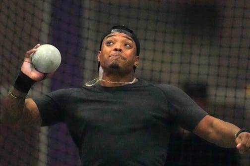 Minnesota Vikings fullback C.J. Ham (30) competes in the shot put during a track and field competition Saturday, Jan. 28, 2023.