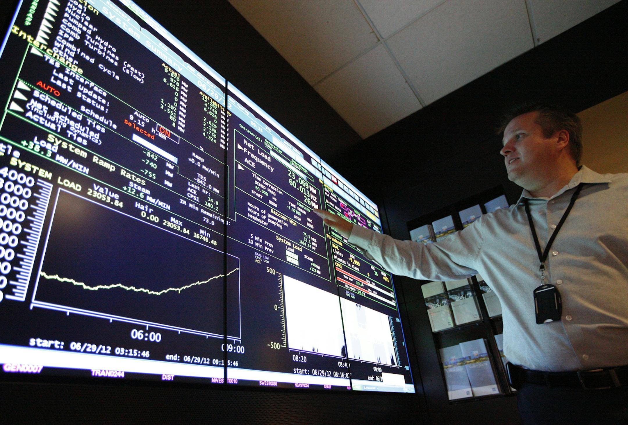 FILE - In this Friday, June 29, 2012 file photo, senior program manager Scott Walker points to a computer display showing power usage and availability in the Tennessee Valley Authority System Operations Center at TVA headquarters in Chattanooga, Tenn. A TVA official said the utility was equal to the air conditioning load. 2012 was 3.2 degrees warmer than the average for the entire 20th century. Last July was the also the hottest month on record. (AP Photo/Chattanooga Times Free Press, Doug Stric