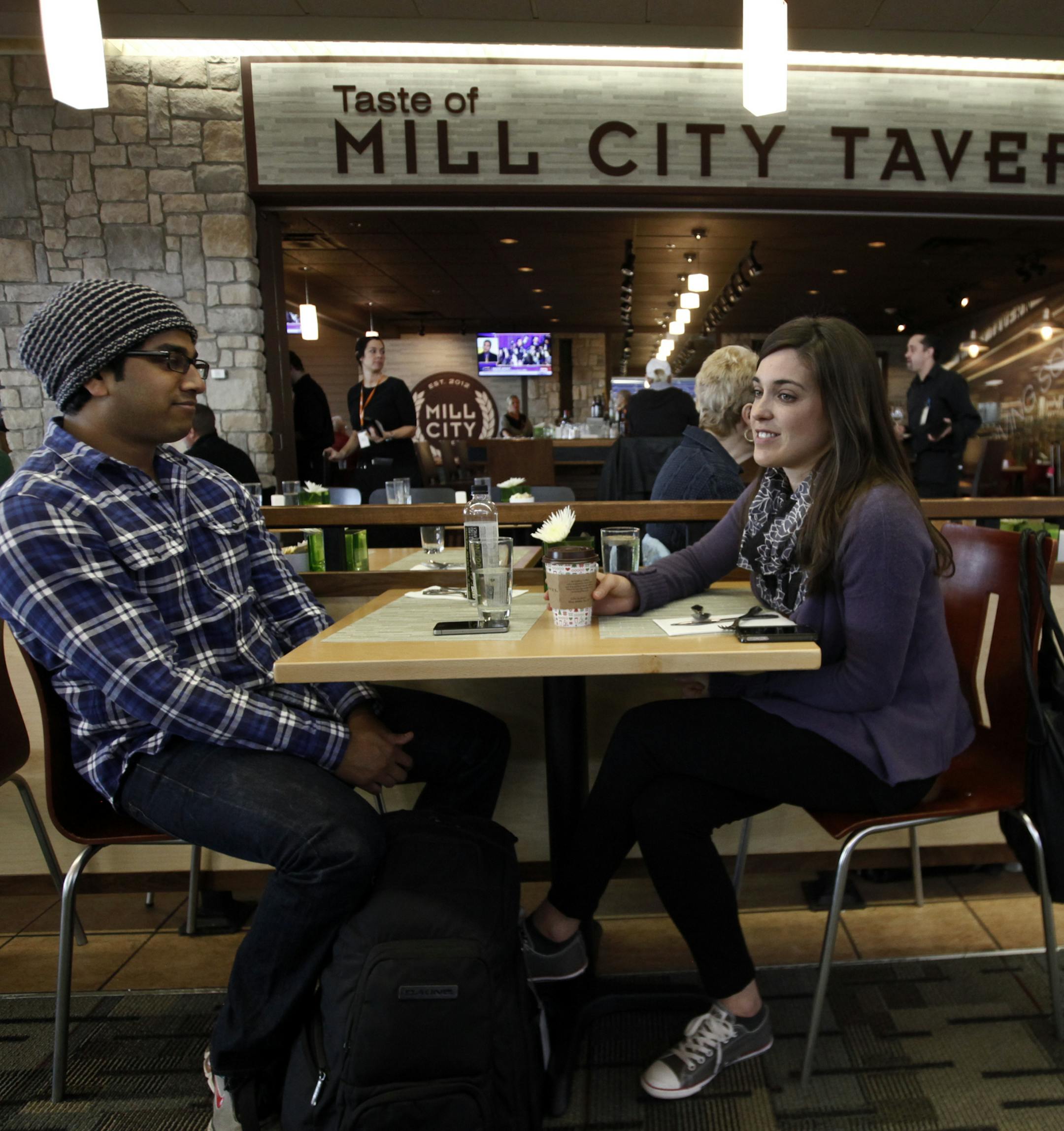 Husband and wife Brian and Meagan Ranayake of Stillwater were pleased to have stumbled upon Taste of Mill City Tavern while flying of of MSP Wednesday, Jan. 4, 2012 in Minneapolis, MN.] DAVID JOLES*djoles@startribune.com - Imagine an airport terminal where passengers can order food on iPads near the gate, and within 10 minutes, high-end sushi or a Jucy Lucy burger is delivered right to you. Ponder no more. Delta Air Lines is hoping to make those changes at Minneapolis-St. Paul International Airp