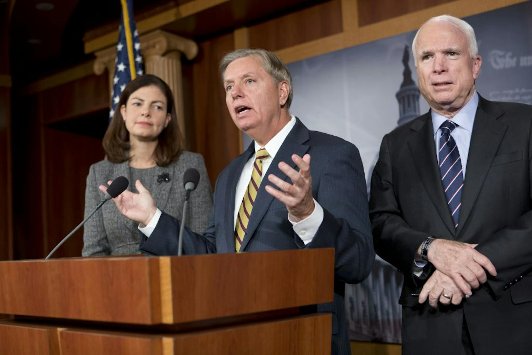 Sen. John McCain, R-Ariz., right, Sen. Lindsey Graham, R-S.C., center, and Sen. Kelly Ayotte, R-N.H., left, have been critical of Susan Rice.