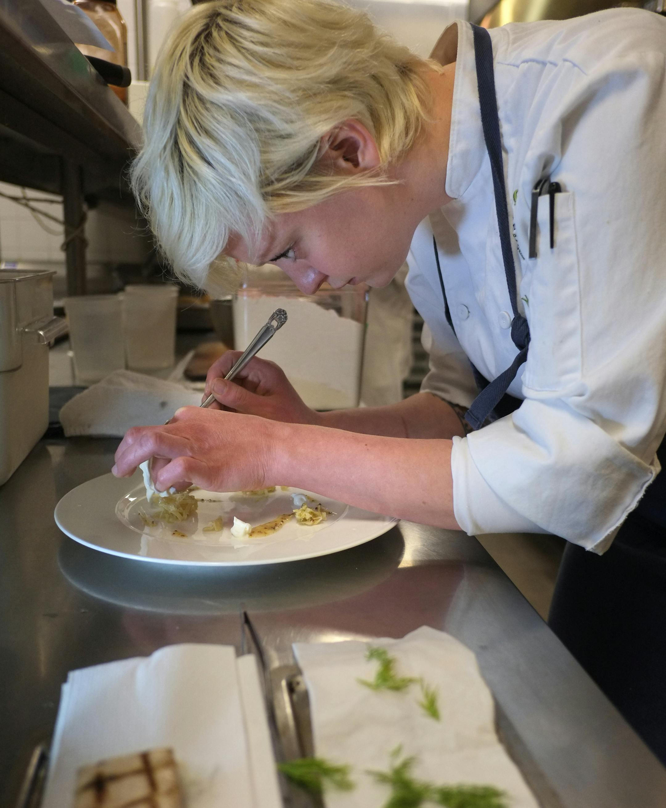 Jamie Malone plates a new idea for the Sea Change menu. _ Jamie Malone of Sea Change, one of the few female chefs in the twin cities running one of the bigger rooms. [ TOM WALLACE • twallace@startribune.com _ Assignments #20025879A_ October 24, 2012_ SLUG: Chef1101_ EXTRA INFORMATION: Part of the Taste Section Chef series on Minnesota foodies.