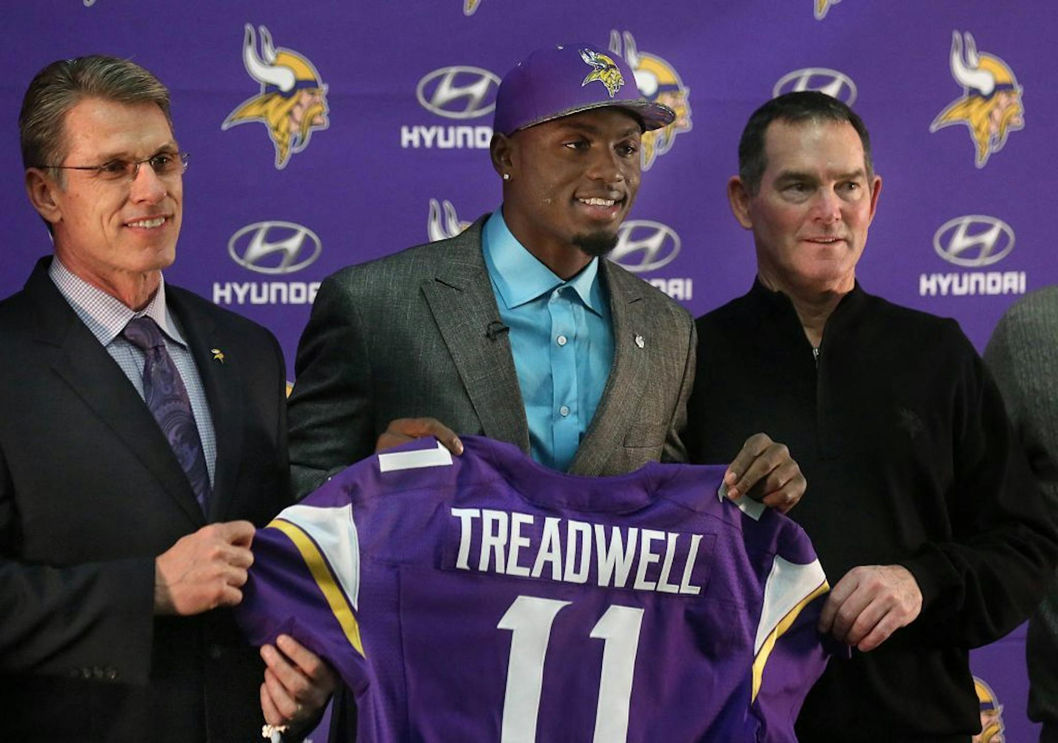 Vikings� first round draft pick Laquon Treadwell was introduced today at Winter Park. With Treadwell were Rick Spielman (left), GM and head coach Mike Zimmer.