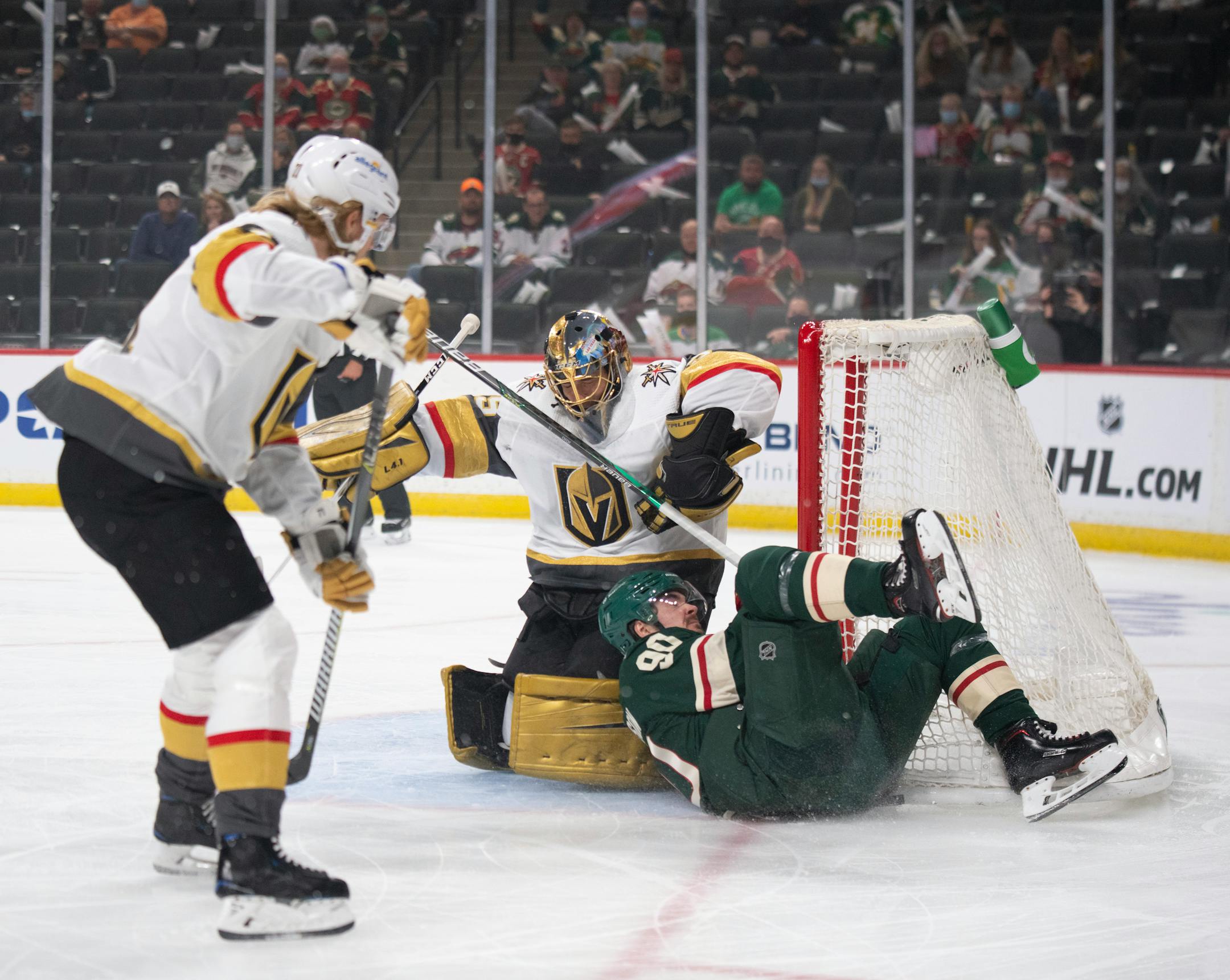 Minnesota Wild center Marcus Johansson (90) crashed into the net and Vegas Golden Knights goaltender Marc-Andre Fleury (29) in the first period.