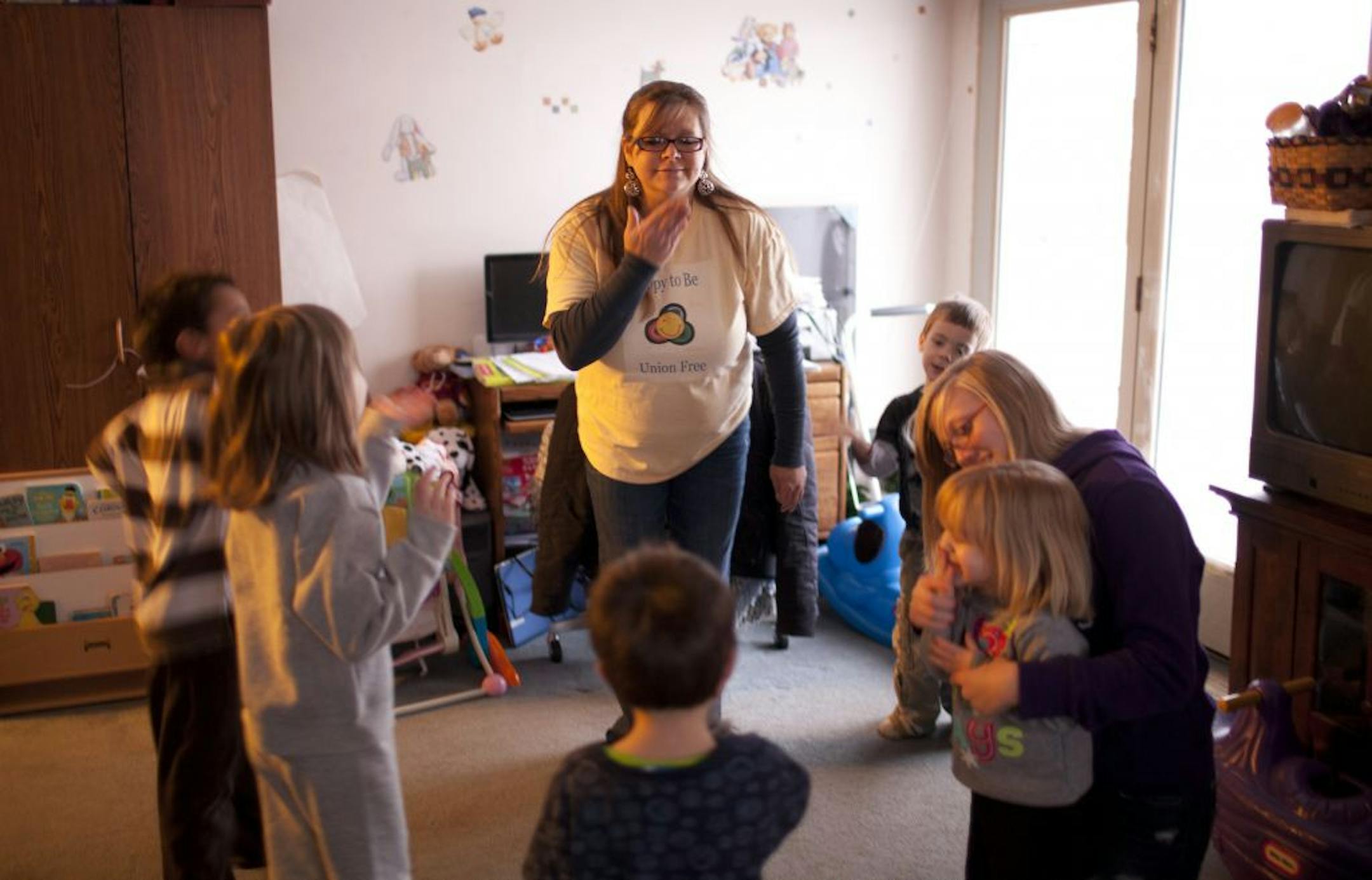 Fridley day-care provider Jody Jakubik, who opposed the unionization vote, wore her opinion on her T-shirt.