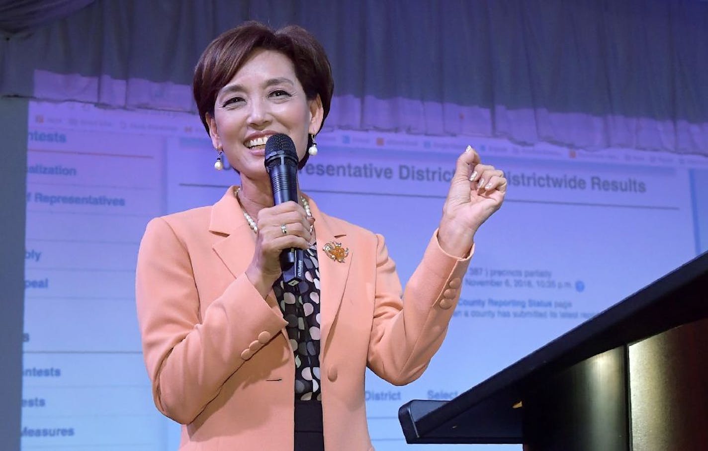 In this Nov. 6, 2018, photo, Young Kim, then a Republican candidate for the 39th Congressional District in California, spoke to supporters in the Rowland Heights section of Los Angeles. This year, Kim narrowly defeated Democratic Rep. Gil Cisneros in a Southern California district the GOP lost two years ago. Kim, a former state legislator, won her rematch with Cisneros and gave Republicans their second House victory over a Democratic incumbent in Orange County this election.