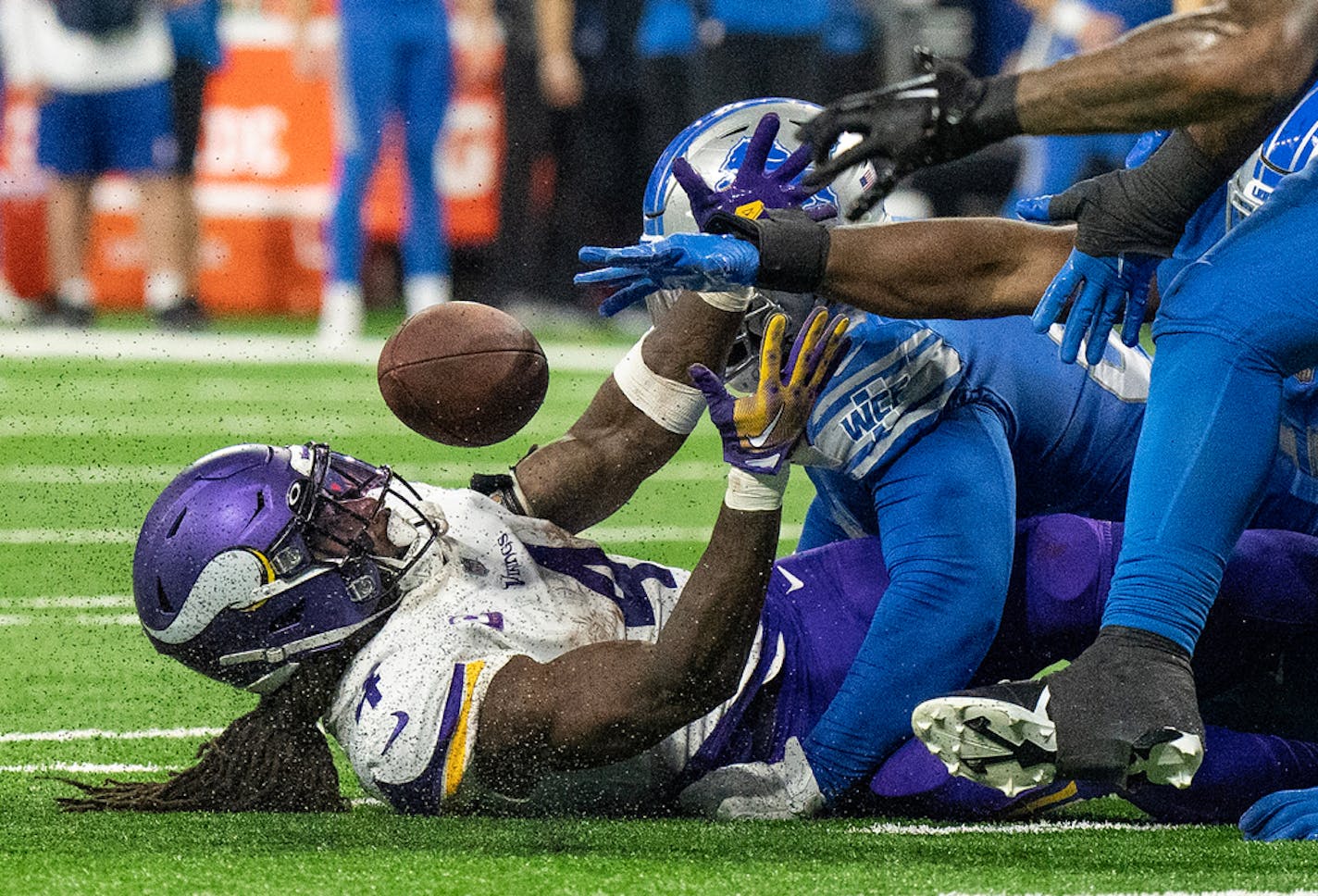 Minnesota Vikings running back Dalvin Cook (4) fumbled the ball late in the second quarter and the Lions recover In Detroit , Mich. Sunday December 11, 2022. ] JERRY HOLT • jerry.holt@startribune.com