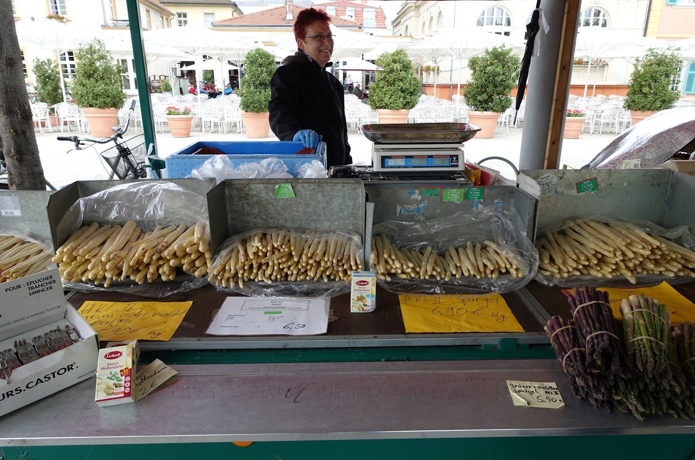 On the plaza In Schwetzingen, Germany's white asparagus capital, a market stand sells fresh asparagus. Credit: all photos by Donna Tabbert Long, Special to the Star Tribune