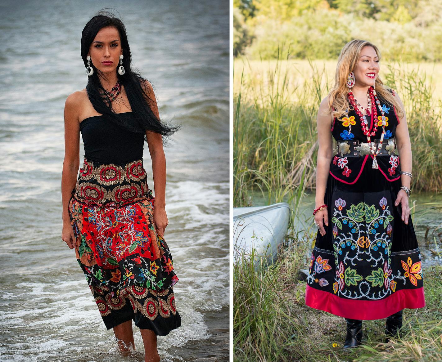 At left: Model: Serena Graves, Red Lake Nation, Red Lake, Minnesota. At right: Model: Sage Davis, Leech Lake Band of Ojibwe, Minnesota Chippewa Tribe in Beaded Skirt on Black velvet.