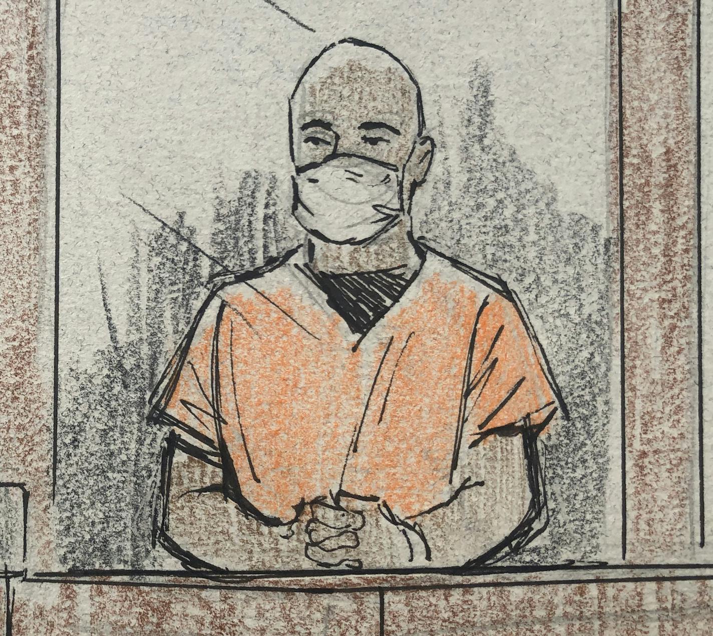 A court sketch from the hearings J Alexander Kueng, Thomas Lane and Tou Thao. This sketch shows J Alexander Kueng in the courtroom. Drawn by Cedric Hohnstadt.