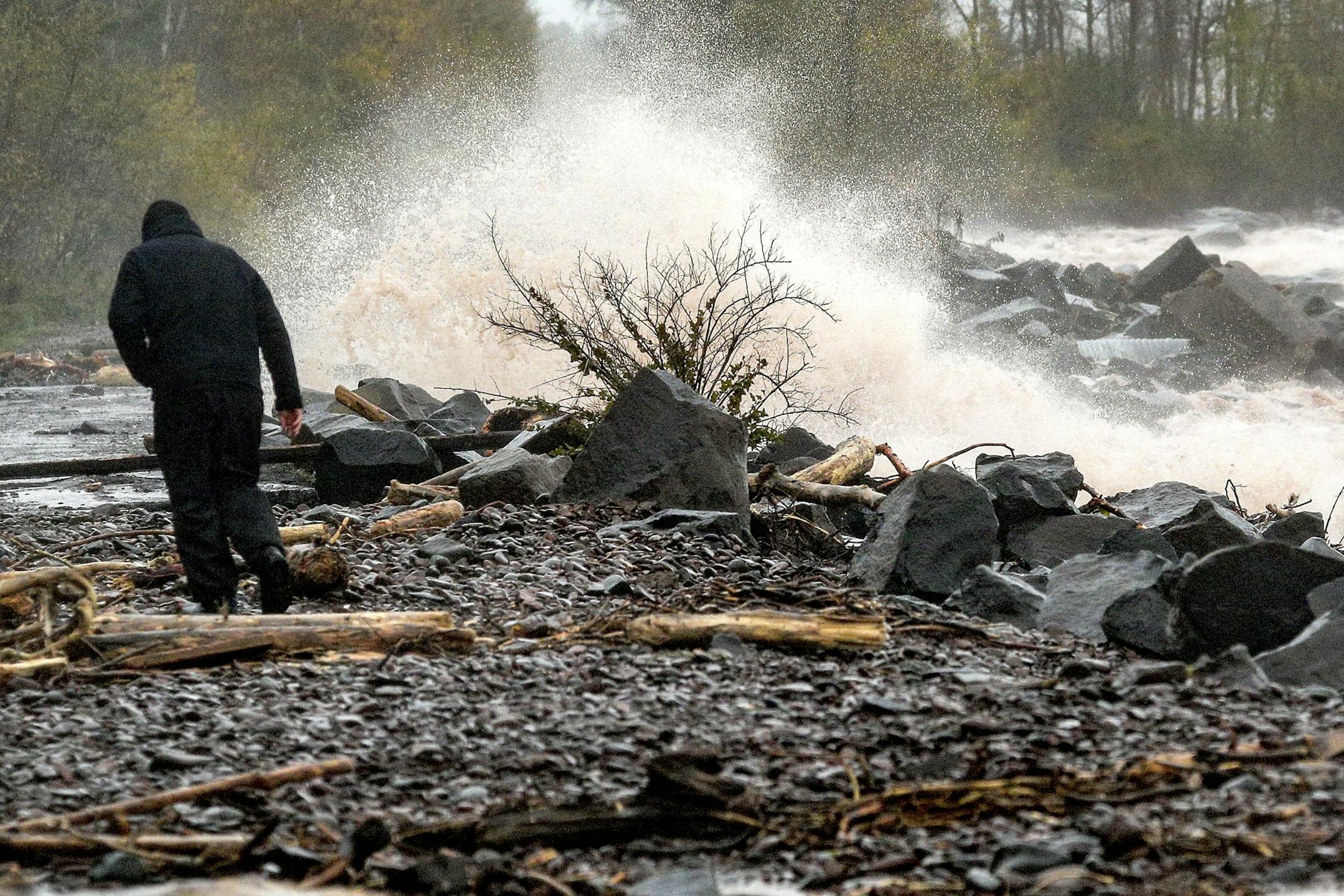 Ron Benson of Duluth walks through debris from Lake Superior at Brighton Beach during Wednesday's storm in Duluth. --- Clint Austin / caustin@duluthnews.com