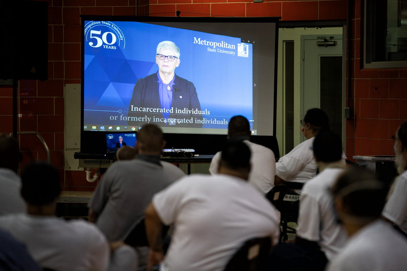 Metropolitan State University president Ginny Arthur greeted the incarcerated students via video.