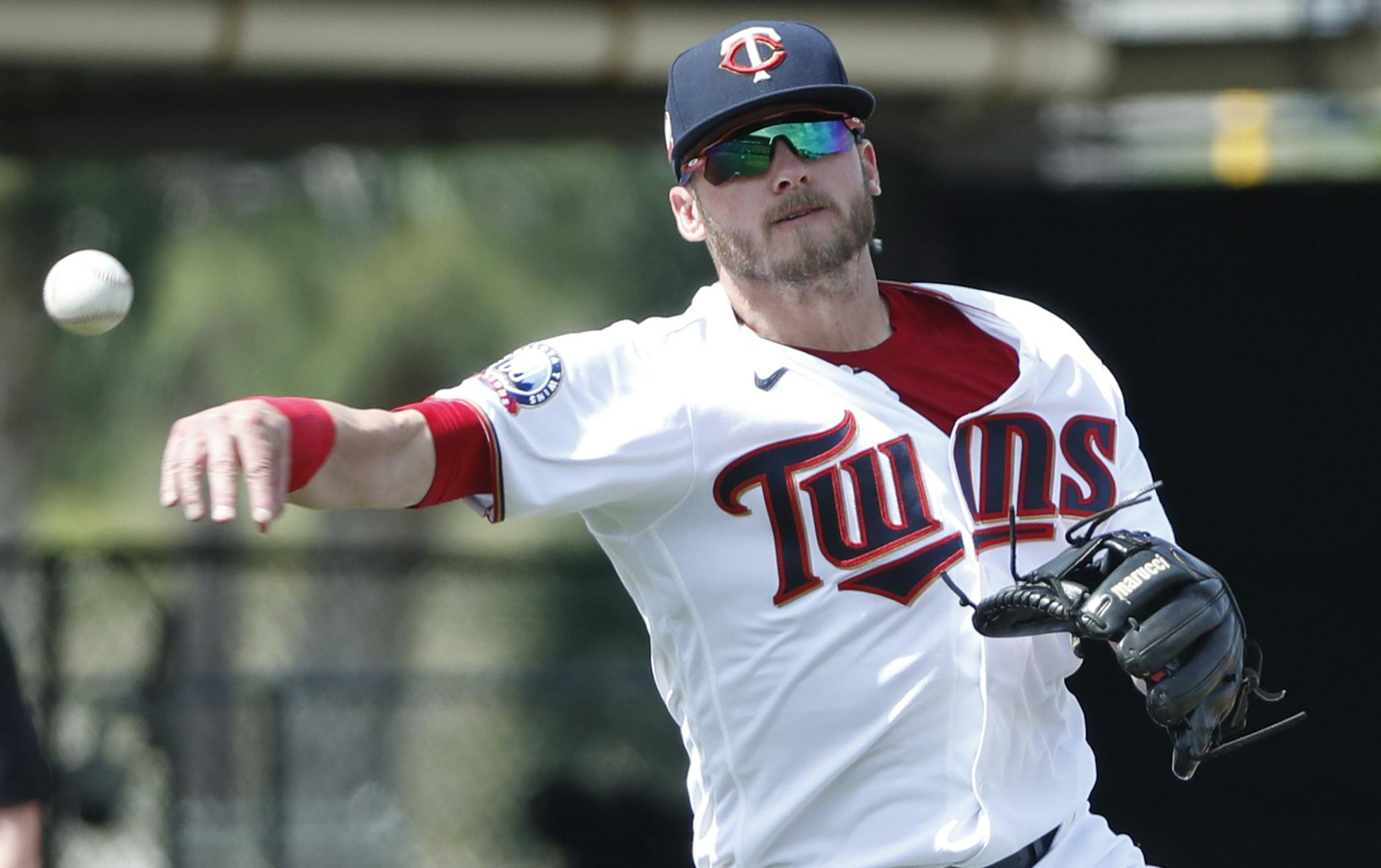 Minnesota Twins third baseman Josh Donaldson throws to first during a spring training baseball game against the Tampa Bay Rays, Friday, March 6, 2020, in Fort Myers, Fla. (AP Photo/Elise Amendola)