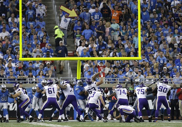 Minnesota Vikings kicker Blair Walsh (3) kicks an extra point against the Detroit Lions during a NFL football game in Detroit, Tuesday, Sept. 10, 2013