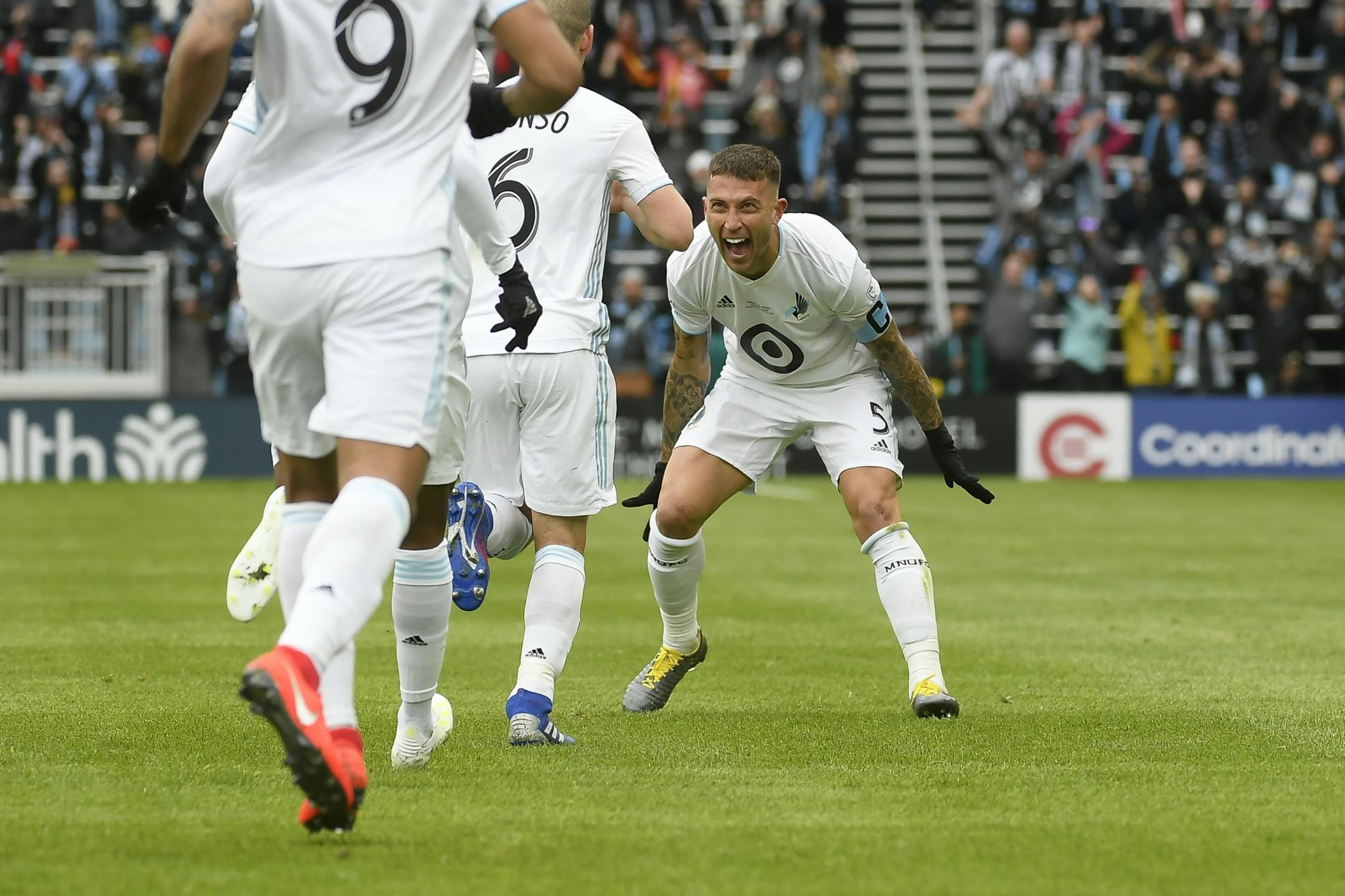 Minnesota United defender Francisco Calvo (5) celebrated with midfielder Osvaldo Alonso (6) after Alonso scored a goal in the first half against NYC FC.