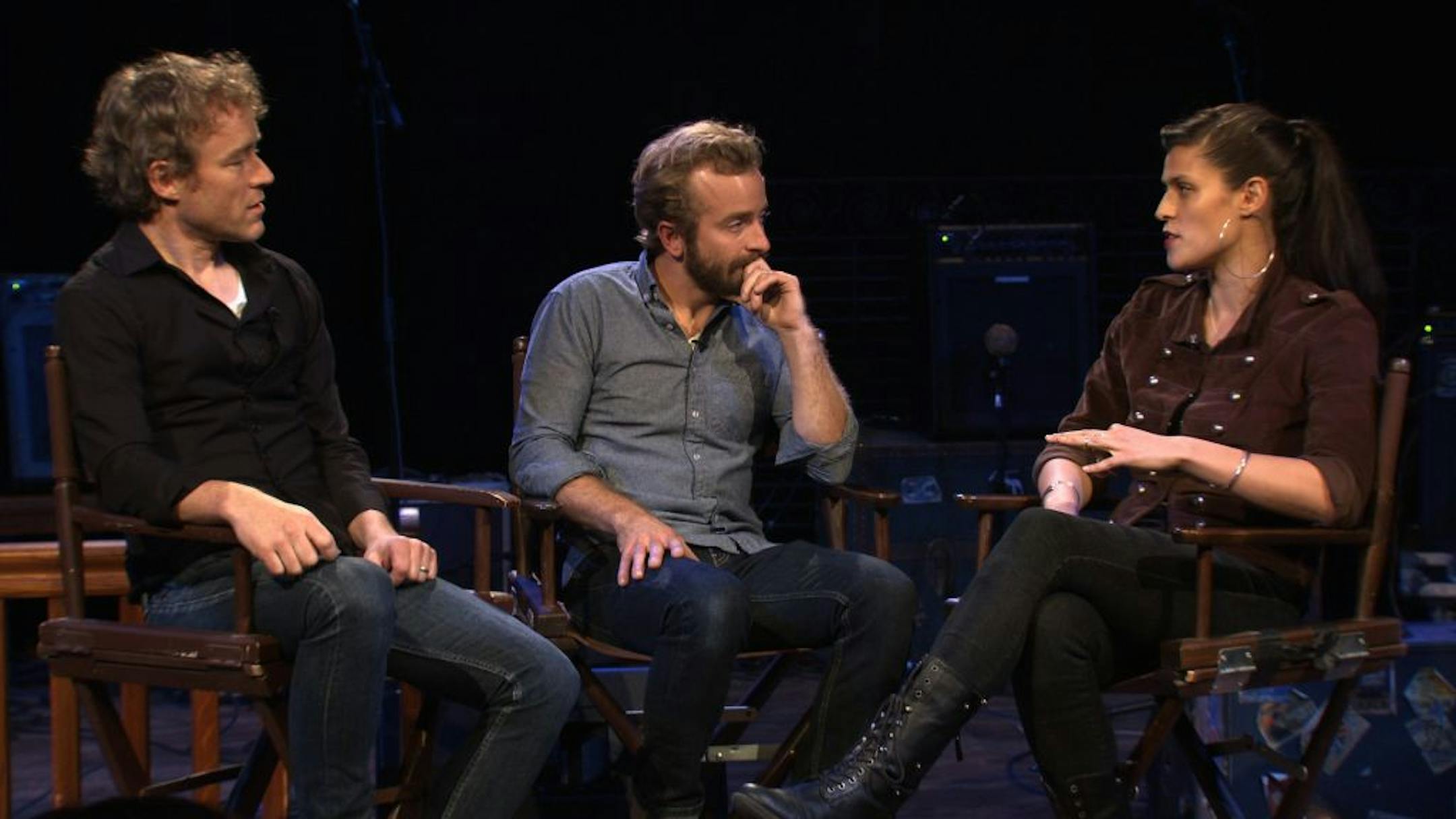 Alan Sparhawk, left, and Dave Simonett of Trampled by Turtles with Dessa, host of TPT's "The Lowerline Line."
