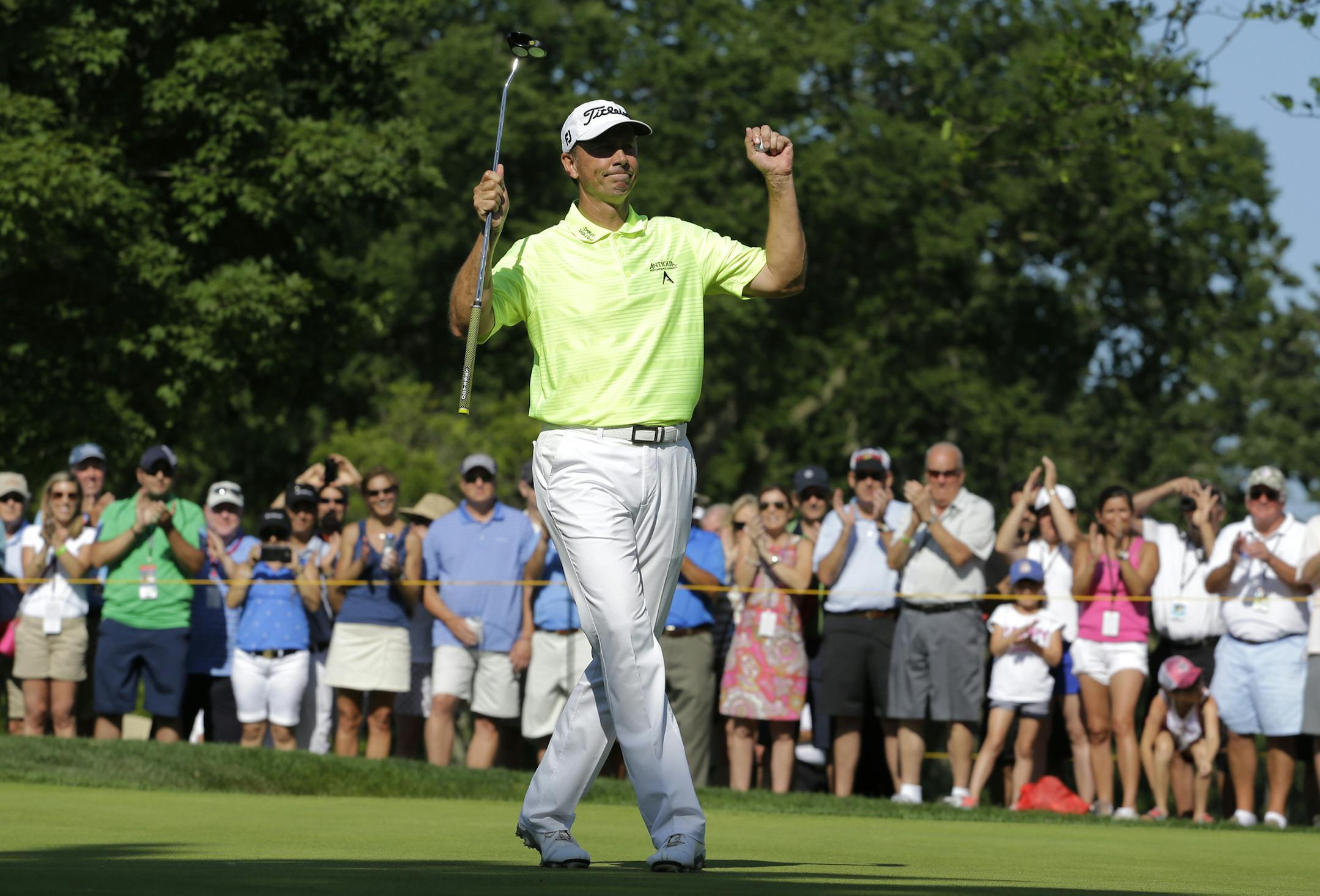 Jerry Smith celebrates after winning the Encompass Championship golf tournament Sunday, July 12, 2015, in Glenview, Ill. (AP Photo/Nam Y. Huh) ORG XMIT: ILNH117