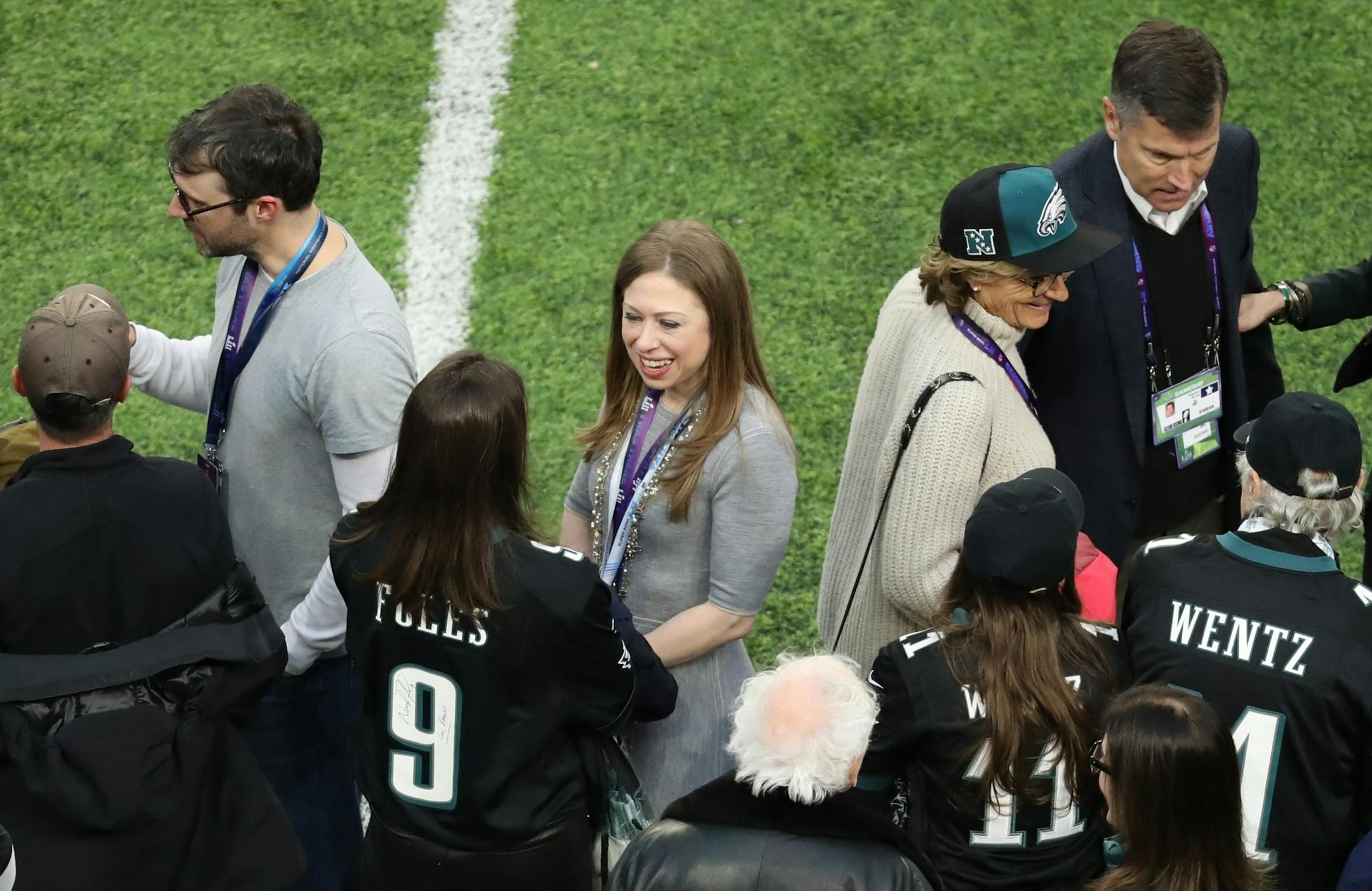 Chelsea Clinton on the field Sunday at U.S. Bank Stadium before the start of Sunday's Super Bowl LII.