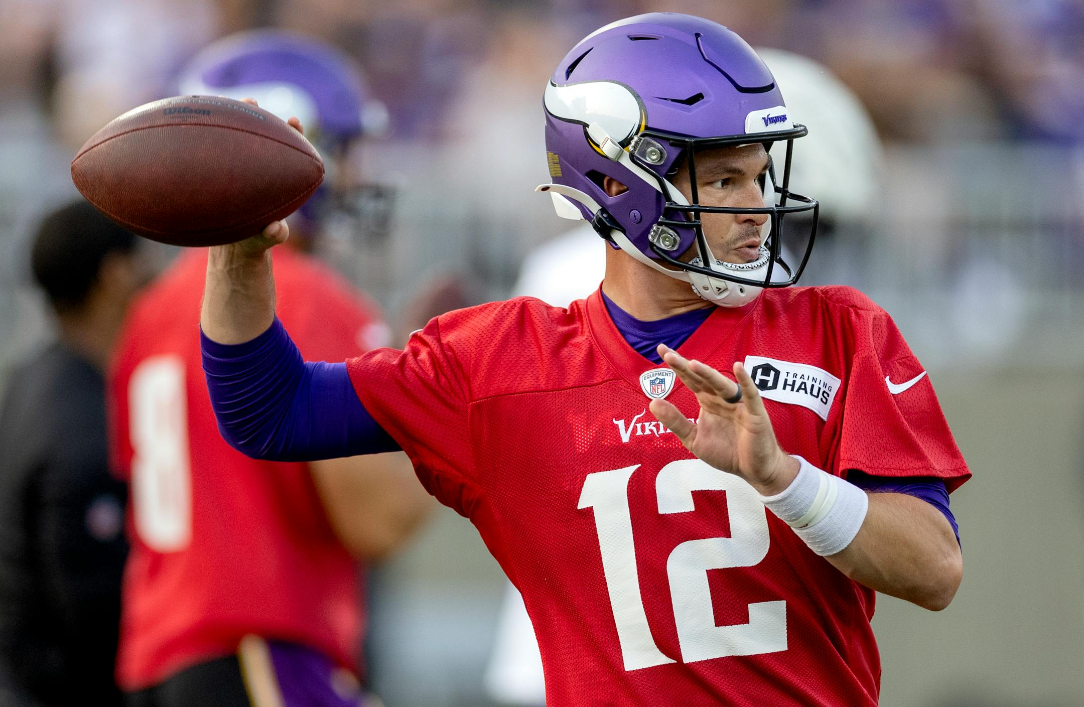 Minnesota Vikings quarterback Nick Mullens (12) during evening practice Tuesday, August 8, 2023, at TCO Stadium in Eagan, Minn.