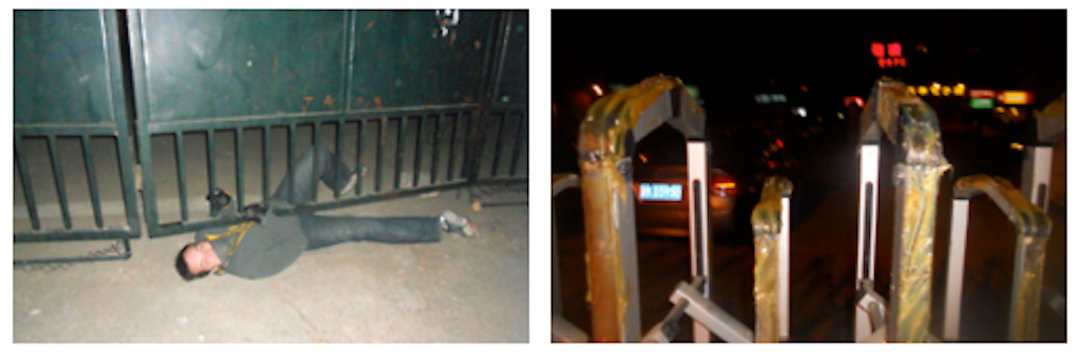 Left: Kyle climbing under North Gate. Right: Grease the guards put on East Gate to ward off climbers.