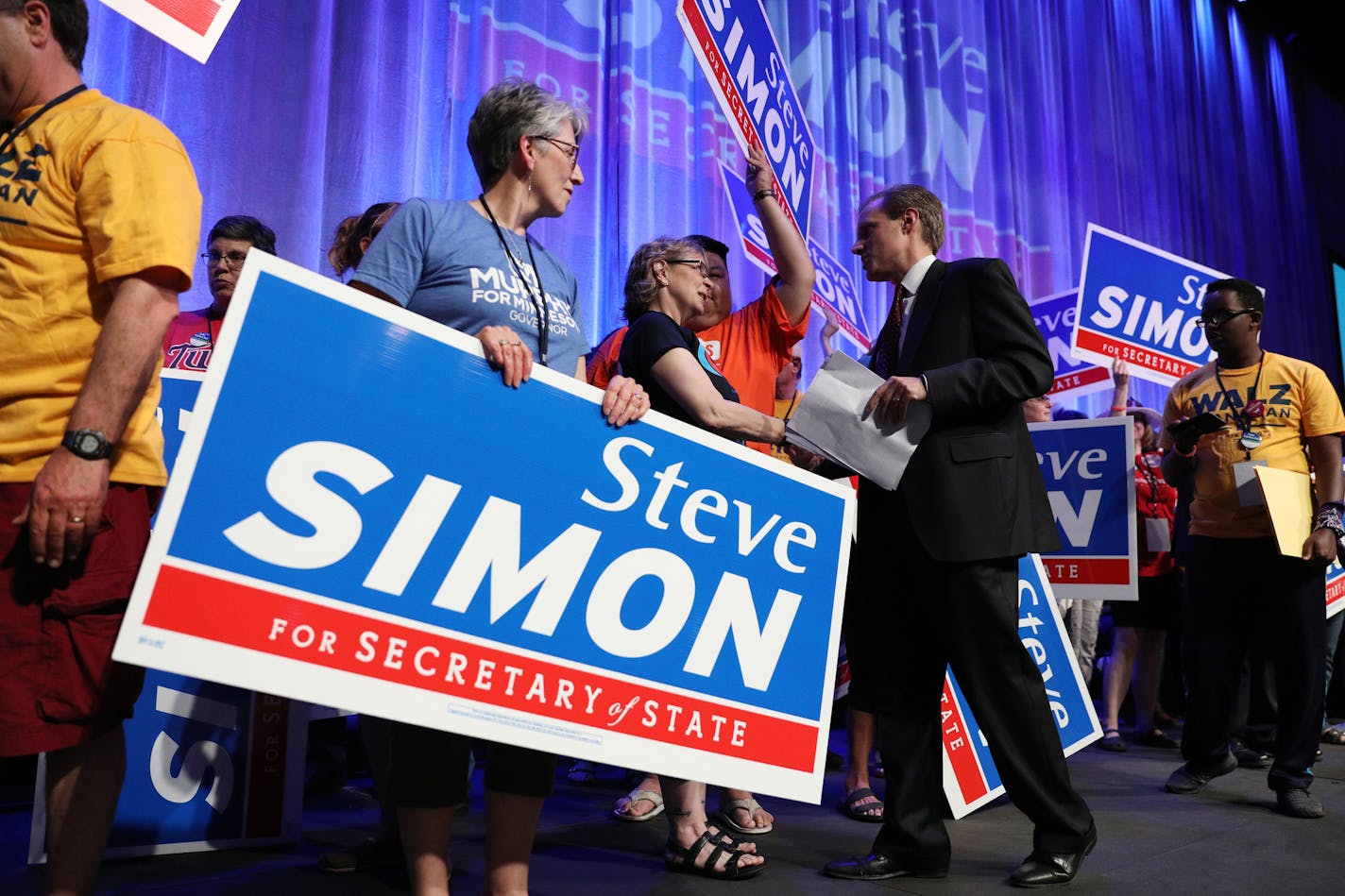 Minnesota Secretary of State Steve Simon thanked his supporters on stage after securing the party's endorsement during the DFL State Convention. Democrats from around the state gathered for the DFL State Convention to choose their party's nominees Friday, June 1, 2018 at the Mayo Civic Center in Rochester, Minn.