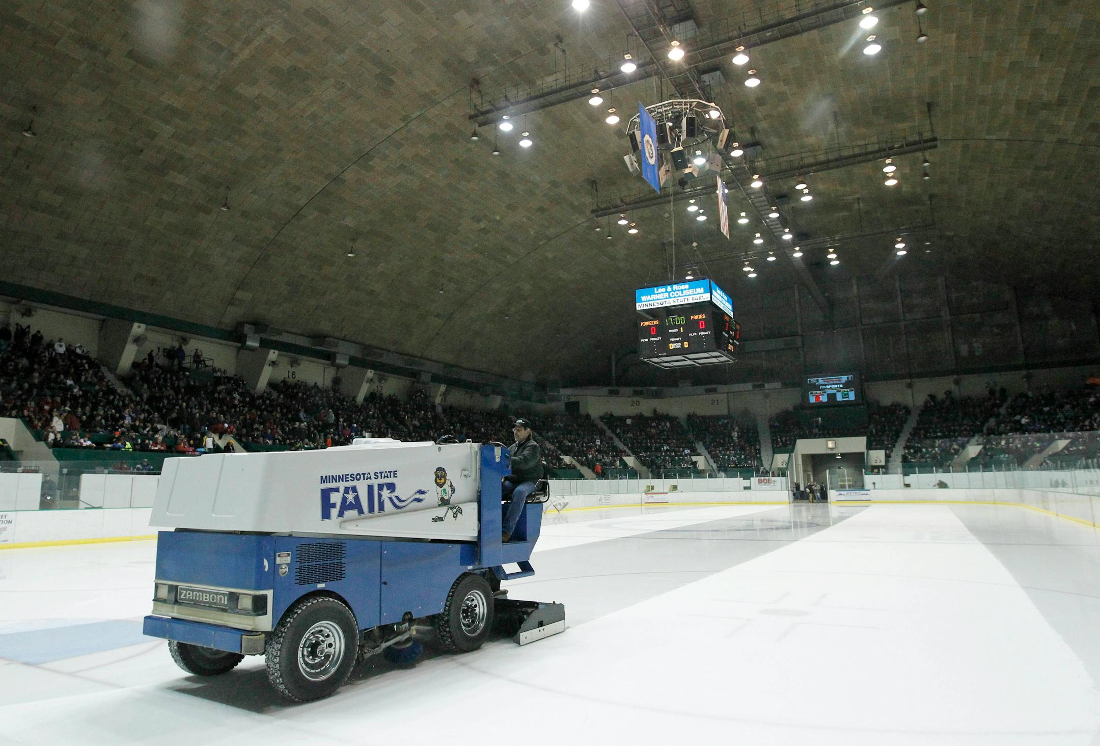 The Zamboni grooms the ice for the final game in the Coliseum prior to Stillwater's game against Hill-Murray