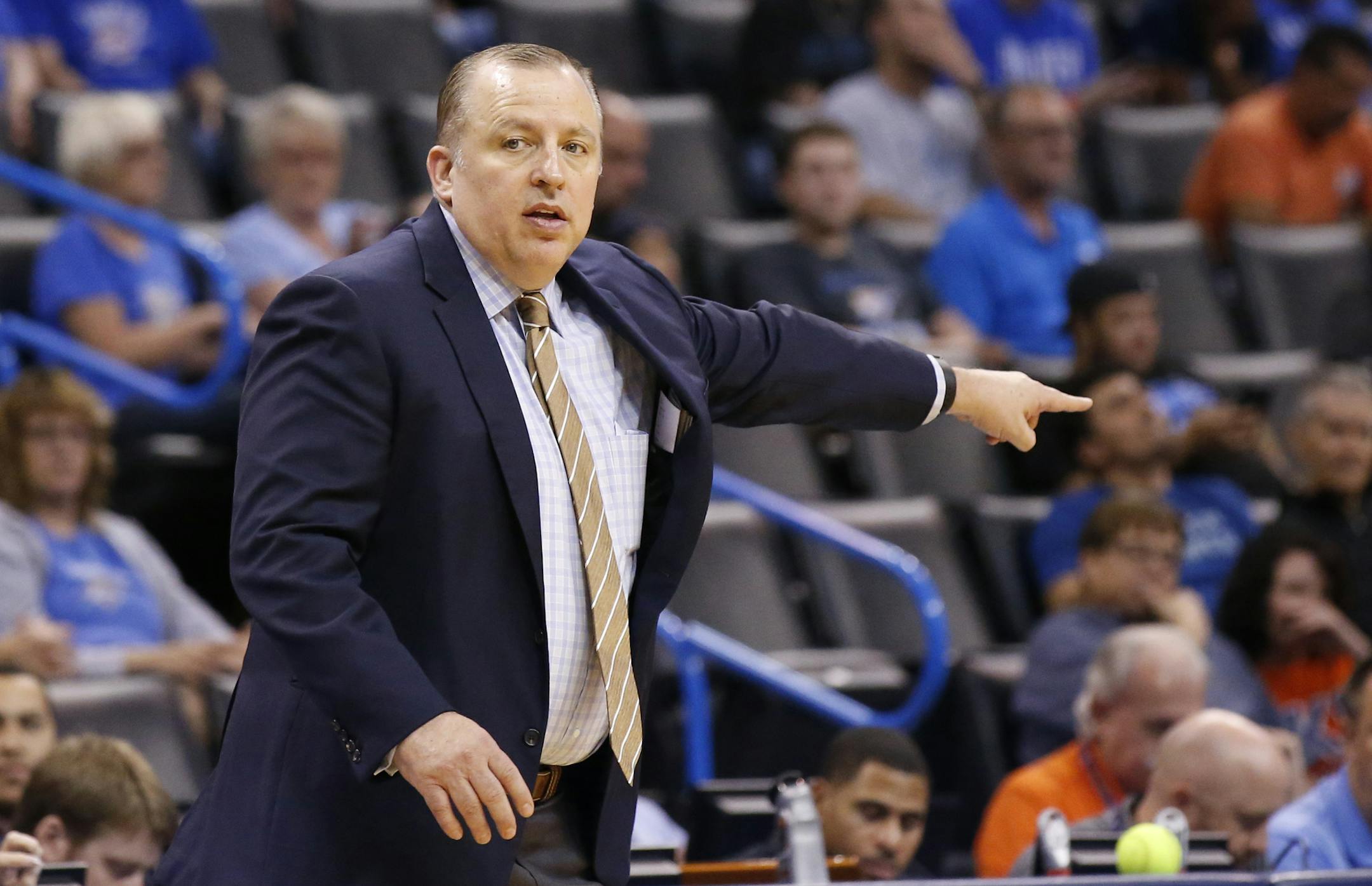 Minnesota Timberwolves head coach Tom Thibodeau shouts to his team in the third quarter of an NBA basketball preseason game against the Oklahoma City Thunder in Oklahoma City, Sunday, Oct. 16, 2016. Oklahoma City won 112- 94. (AP Photo/Sue Ogrocki)