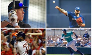 Some of the best players on the best teams in the American League in 2023 (clockwise from top left): the Yankees’ Aaron Judge, the Blue Jays’ Alek