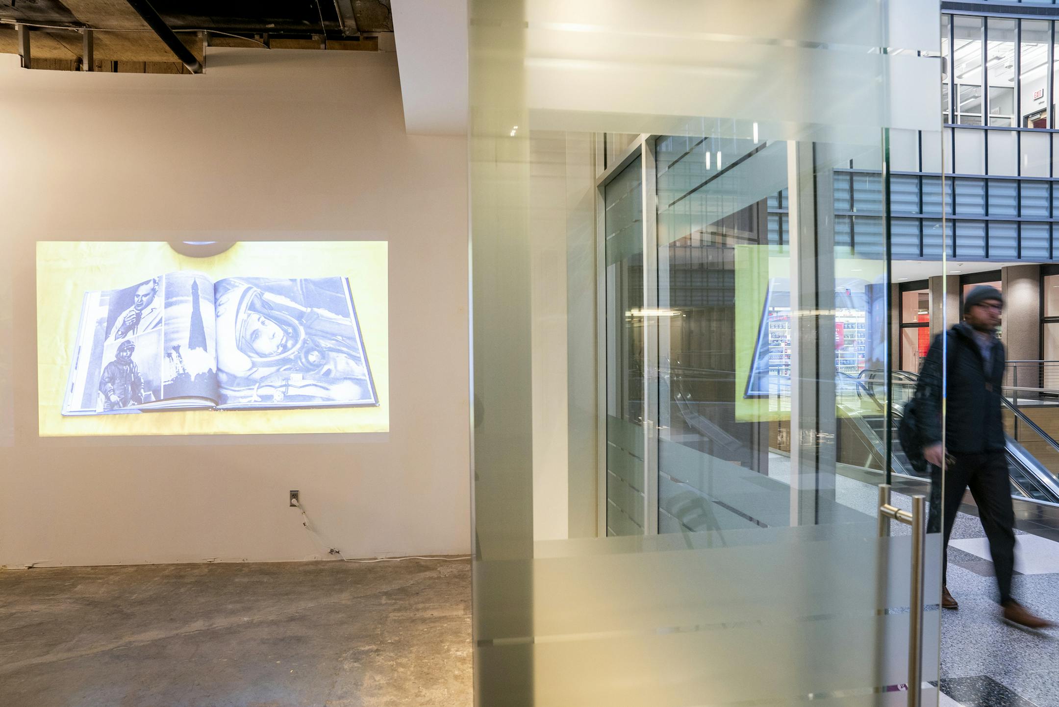 Work by Anton Kats is shown by projector inside "Goethe in the Skyways." ] LEILA NAVIDI &#xb4; leila.navidi@startribune.com BACKGROUND INFORMATION: The Goethe Institut's "Goethe in the Skyways" contemporary art gallery located on the skyway level of the City Center tower in downtown Minneapolis, photographed on Monday, January 14, 2019. The current exhibition features the work of artist and musician Anton Kats, an installation in process over a month-long residency which will feature collaborati