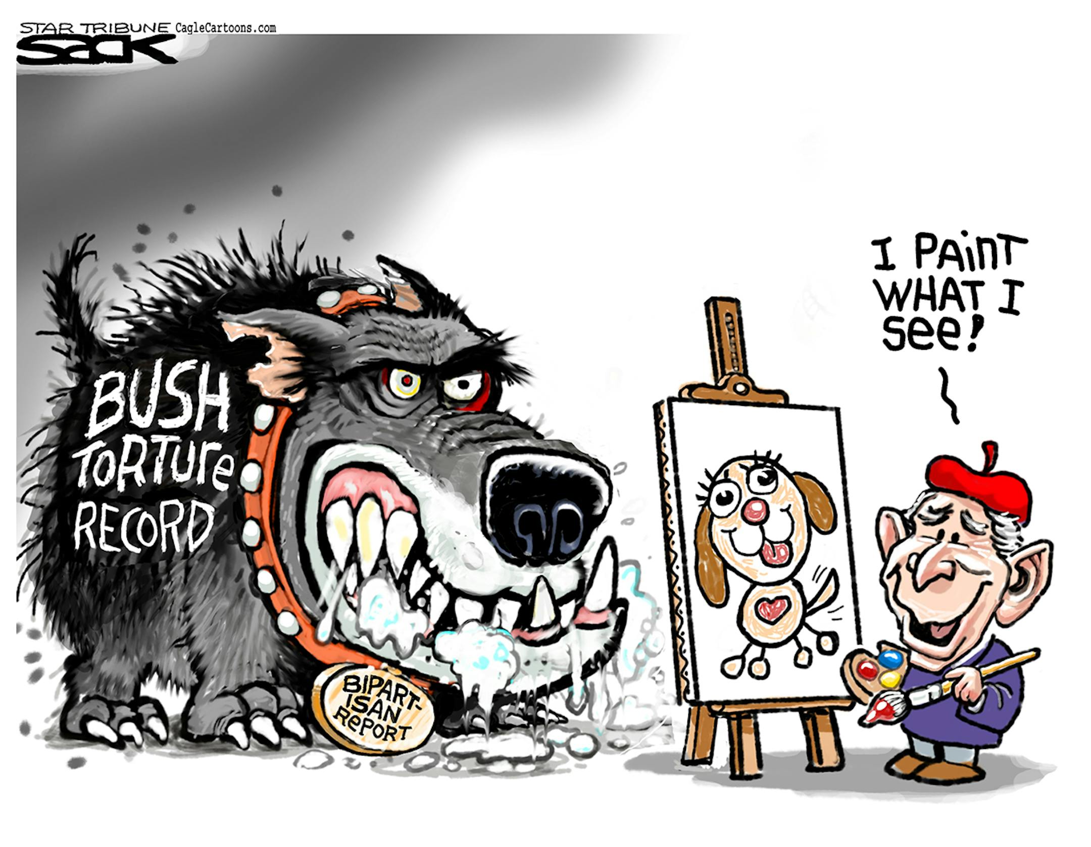 Steve Sack cartoon for April 18, 2013. Topic: Independent study confirms George W. Bush administration engaged in torture in the aftermath of 9/11.