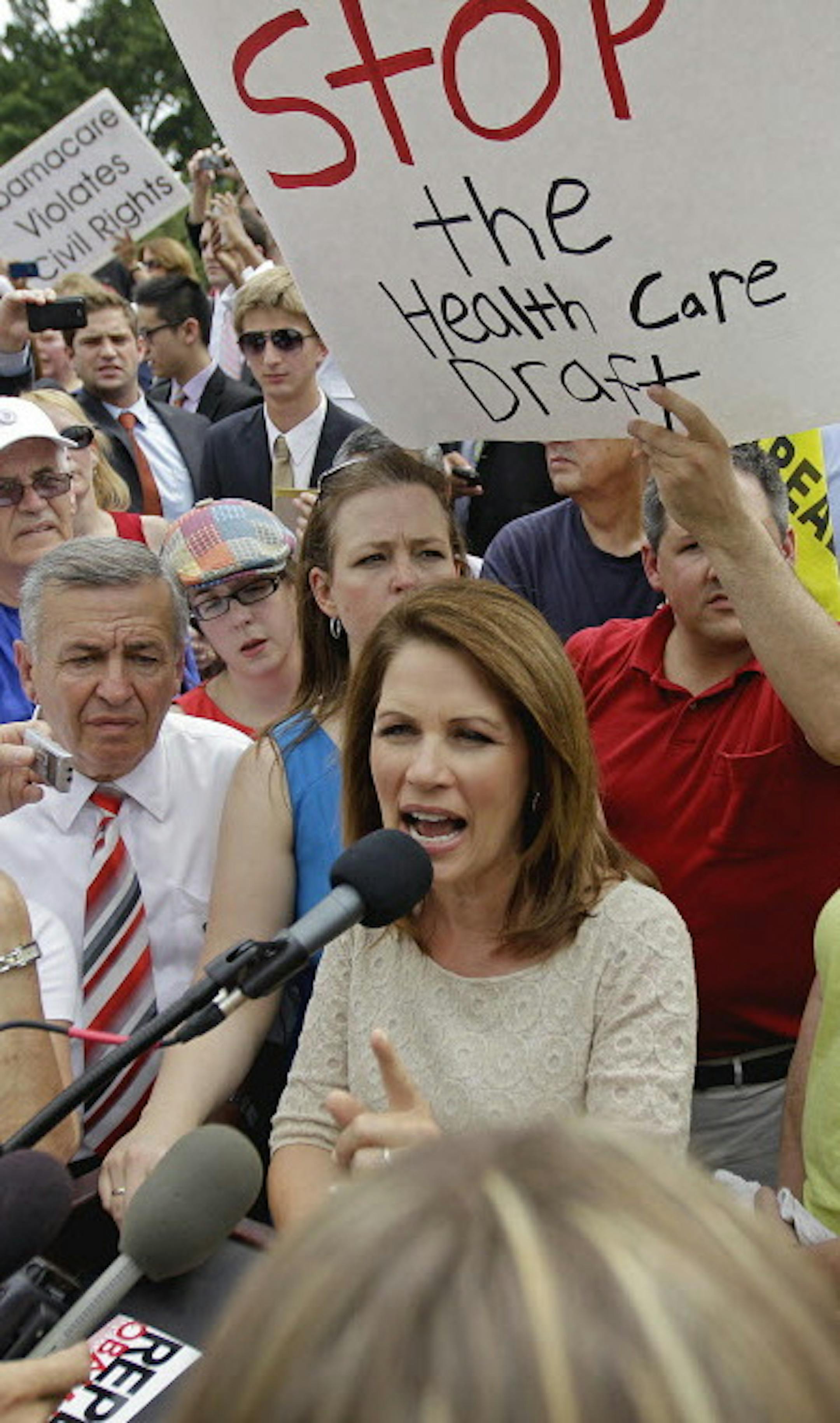 Rep. Michele Bachmann, R-Minn, speaks outside the Supreme Court in Washington, Thursday, June 28, 2012, after the court's ruling on President Barack Obama's health care law was announced. AP Photo/David Goldman)