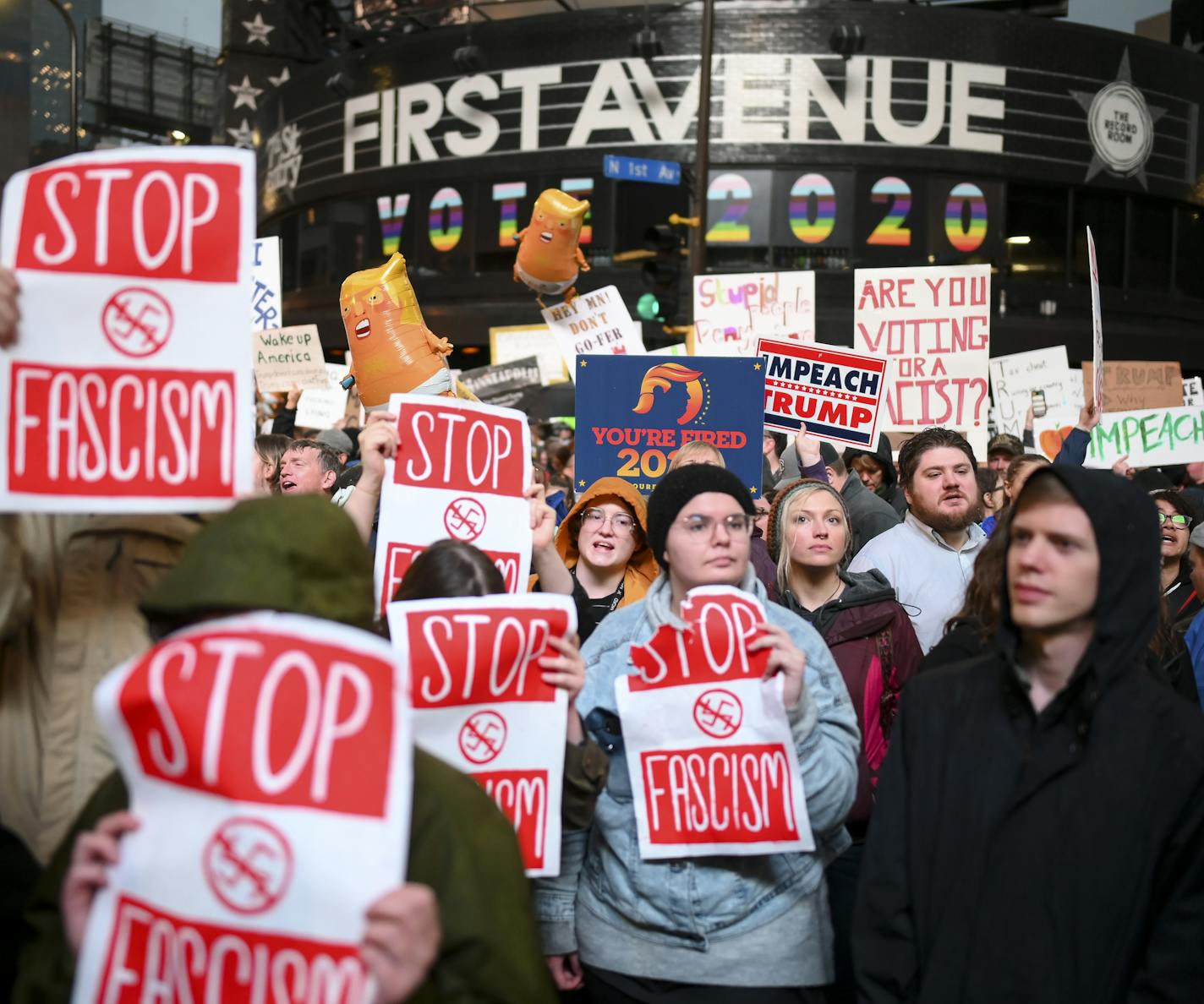 Thousands of protesters took to the streets outside Target Center, including a large crowd outside First Avenue. ] Aaron Lavinsky &#x2022; aaron.lavinsky@startribune.com President Donald Trump and Vice President Mike Pence visited Minneapolis for a campaign rally on Thursday, Oct. 10, 2019. Thousands of demonstrators and counter-demonstrators took to the streets outside of Target Center downtown, where Trump was holding his rally.