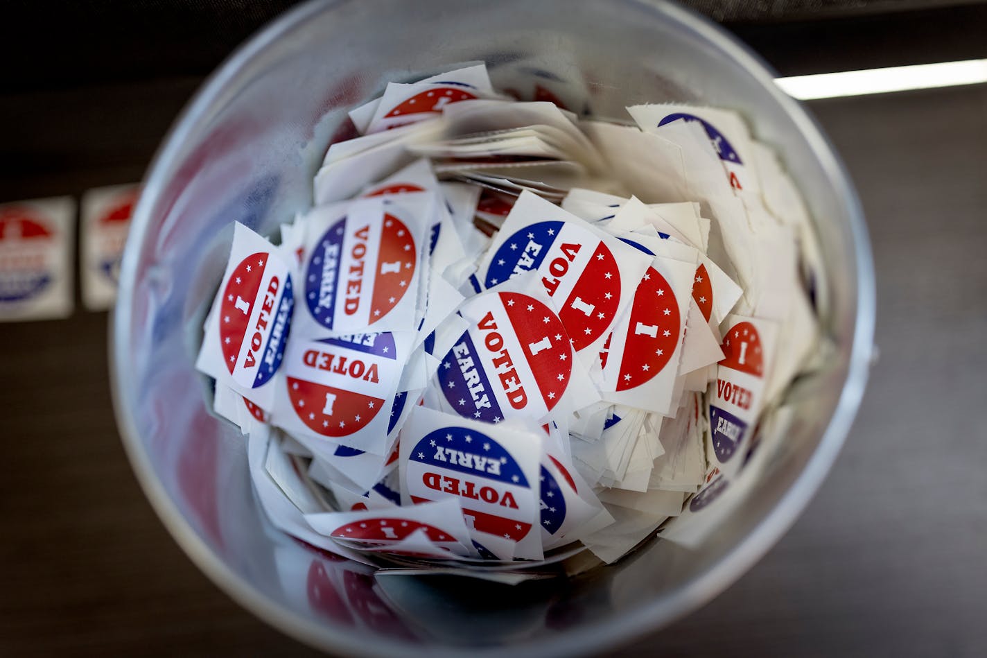 File photo of a bucket of "I voted early" stickers sitting near an exit door at the Minneapolis Early Voting Center in Aug. 2022.