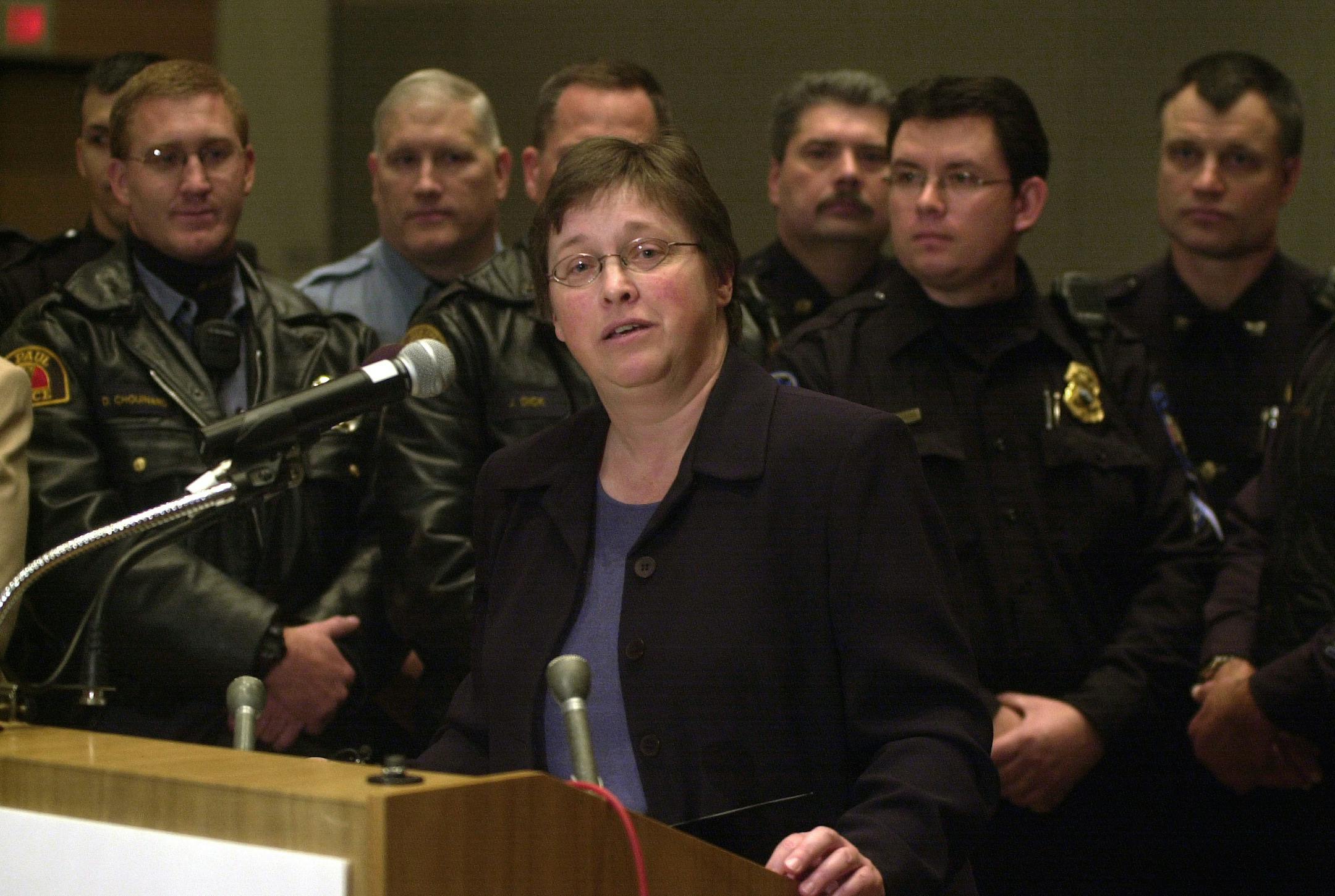 Kathy Swanson, director of the Office of Traffic Safety spoke during press confrence at the Touchstone Energy Place ballroom.