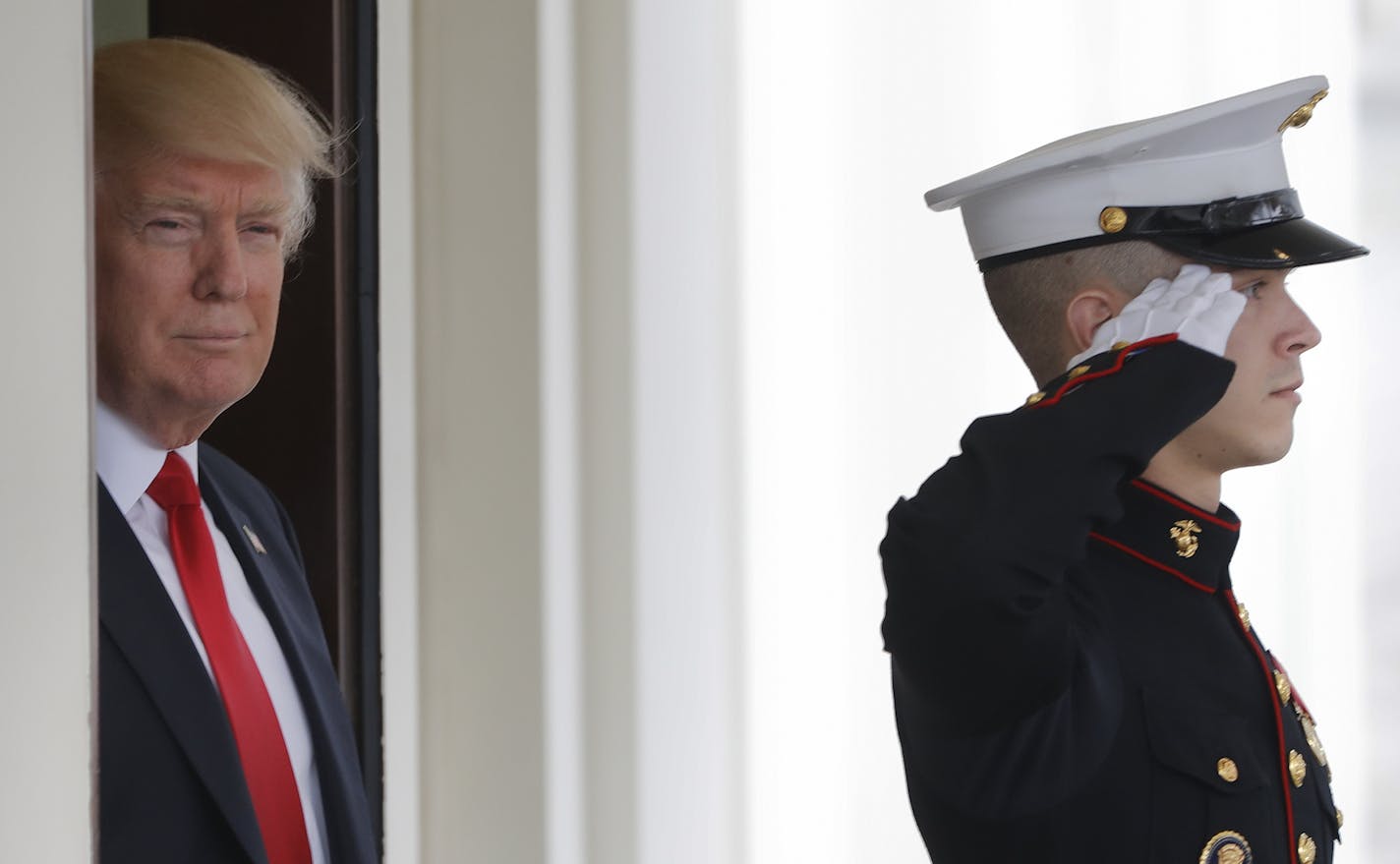 President Donald Trump awaits the arrival of Danish Prime Minister Lars Lokke Rasmussen at the White House in Washington, Thursday, March 30, 2017. (AP Photo/Pablo Martinez Monsivais)