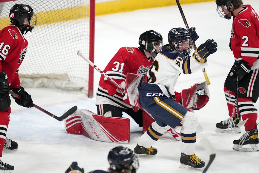 Hermantown forward Max Plante (26) reacts to a Hawks goal against Alexandria during the 2022 Class 1A state tournament. Hermantown won its fourth state championship that season; the first three title teams, in 2007, 2016 and 2017, were coached by Max's grandfather, Bruce.