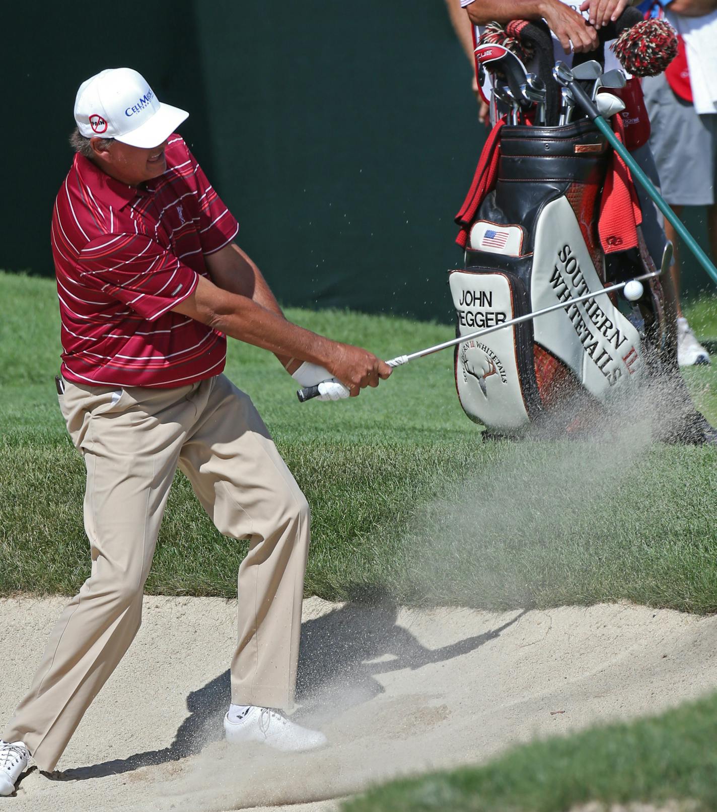 John Riegger blasted out of the sand trap on the 18th hole, during 2nd round action at the 3M Championship at the TPC in Blaine, MN., on 8/3/13.] Bruce Bisping/Star Tribune bbisping@startribune.com John Riegger/roster.