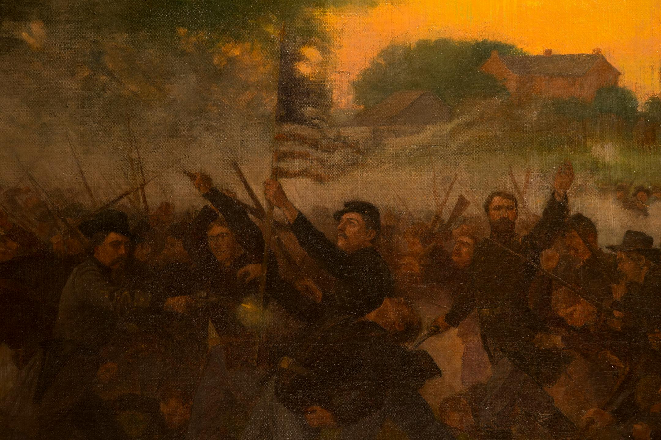 Detail from "Battle of Gettysburg," a painting by Rufus Zogbaum, shows Col. William Colvill standing behind the tattered flag and rallying his men forward.