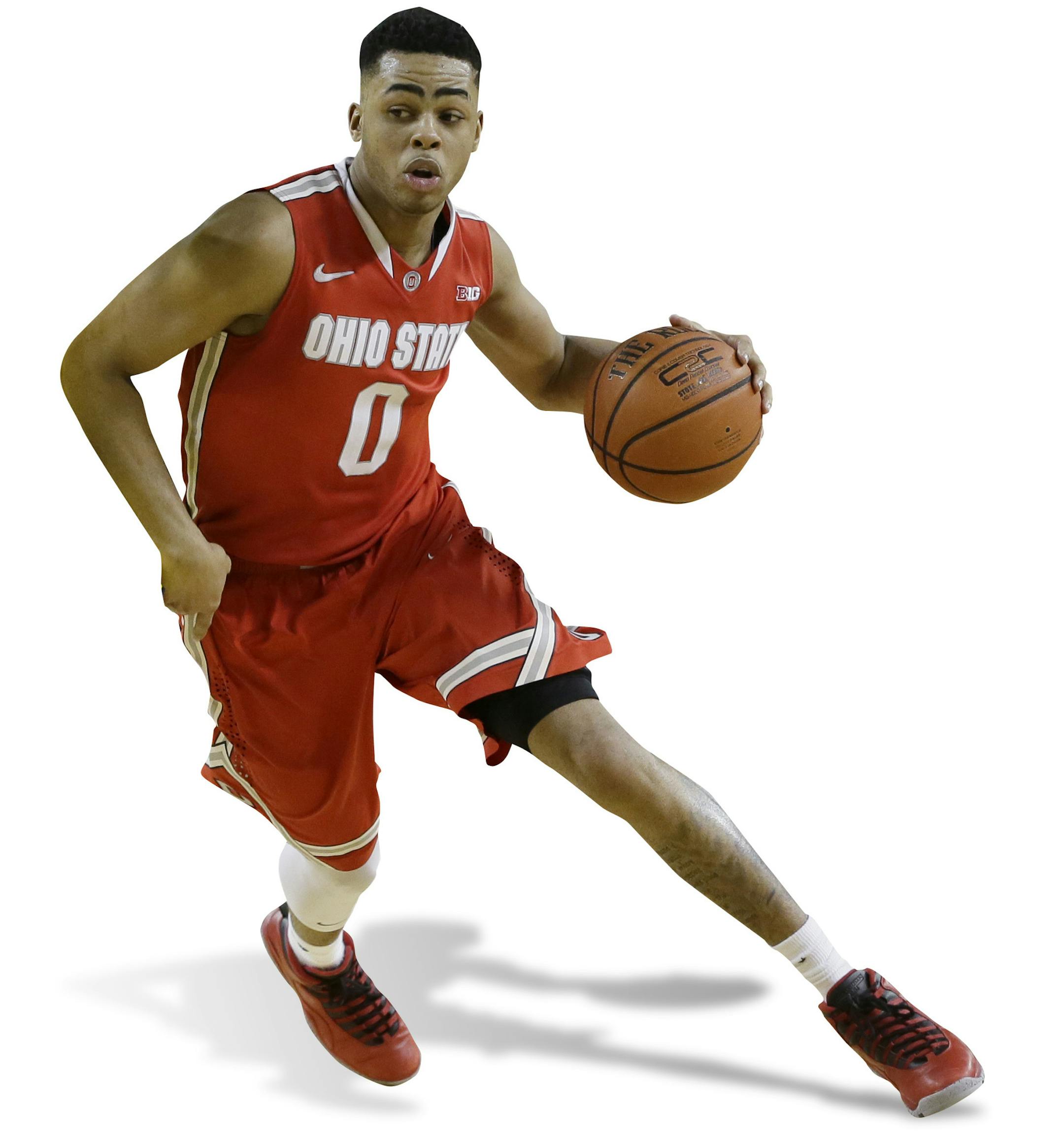 Ohio State guard D'Angelo Russell (0) drives on Michigan forward Ricky Doyle during the second half of an NCAA college basketball game, Sunday, Feb. 22, 2015 in Ann Arbor, Mich. Michigan defeated Ohio State 64-57. (AP Photo/Carlos Osorio) ORG XMIT: otkco107