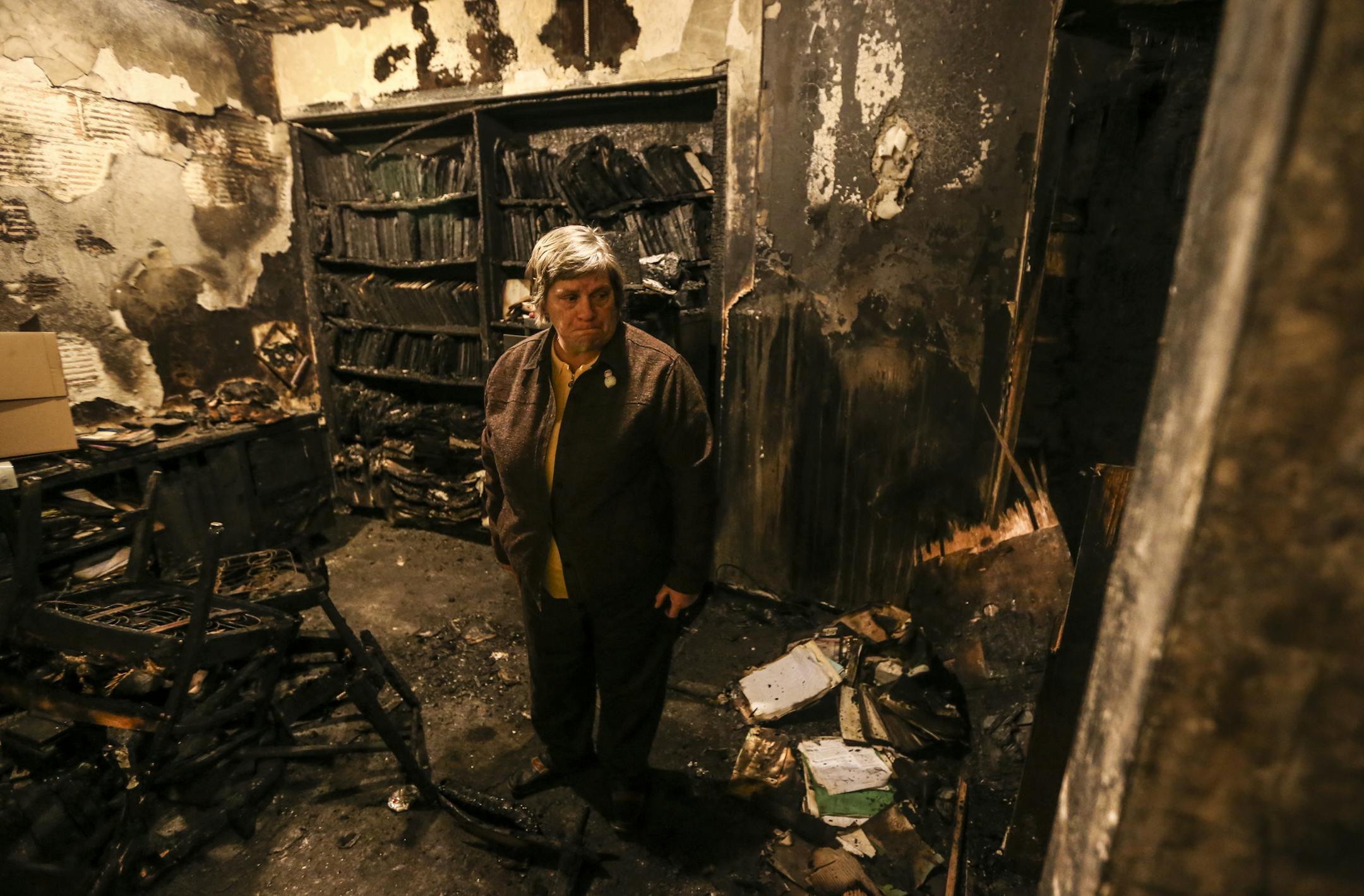 Pastor Walt Wietzke's office was completely destroyed including a bookcase of books and Bibles he and his father (a former pastor) had collected over the years. Church president Candy Petersen, standing in the damage, said the state of the office brought people to tears when they saw it. ] RENÉE JONES SCHNEIDER reneejones@startribune.com On Dec. 12, an arson fire at St. Mark's Evangelical Lutheran Church on W. 7th Street in St. Paul, damaged the Sunday school room, completely destroyed the
