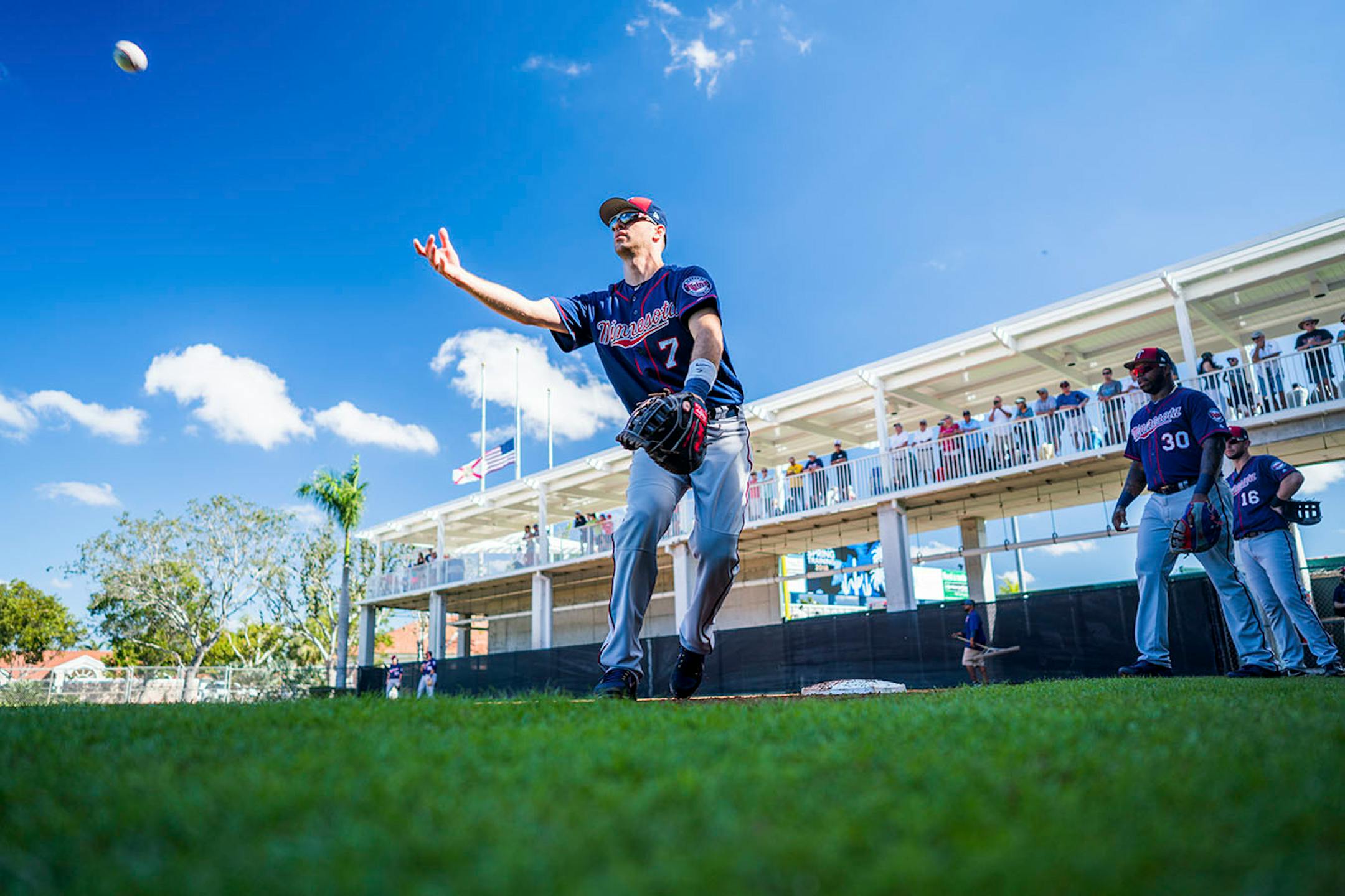 Twins first baseman Joe Mauer (7) worked out on a practice field.