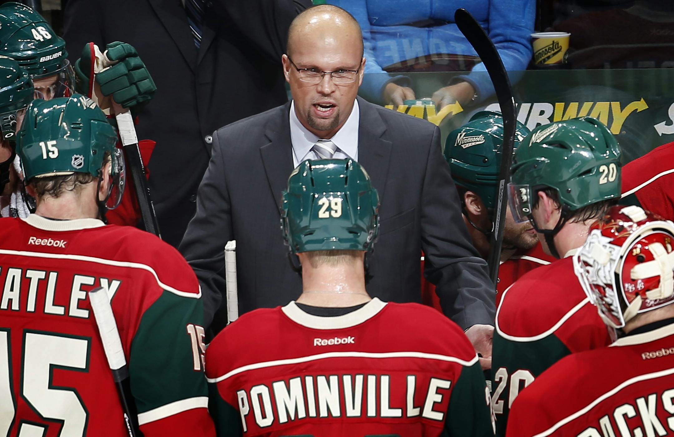 Wild head coach Mike Yeo spoke to the team during a timeout in the third period. ] CARLOS GONZALEZ cgonzalez@startribune.com - November 27, St. Paul, Minn., Xcel Energy Center, NHL, Minnesota Wild vs. Phoenix Coyotes