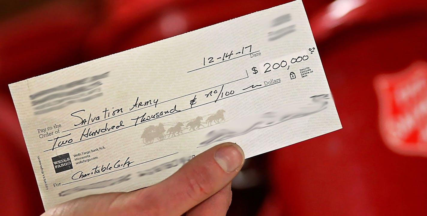 This check, with identifying information obscured at the donor's request, gave the Salvation Army's seasonal campaign a big boost.