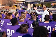 St. Thomas coach Glenn Caruso addressed his team after a 49-42 victory against San Diego on Oct. 29 at O’Shaughnessy Stadium.