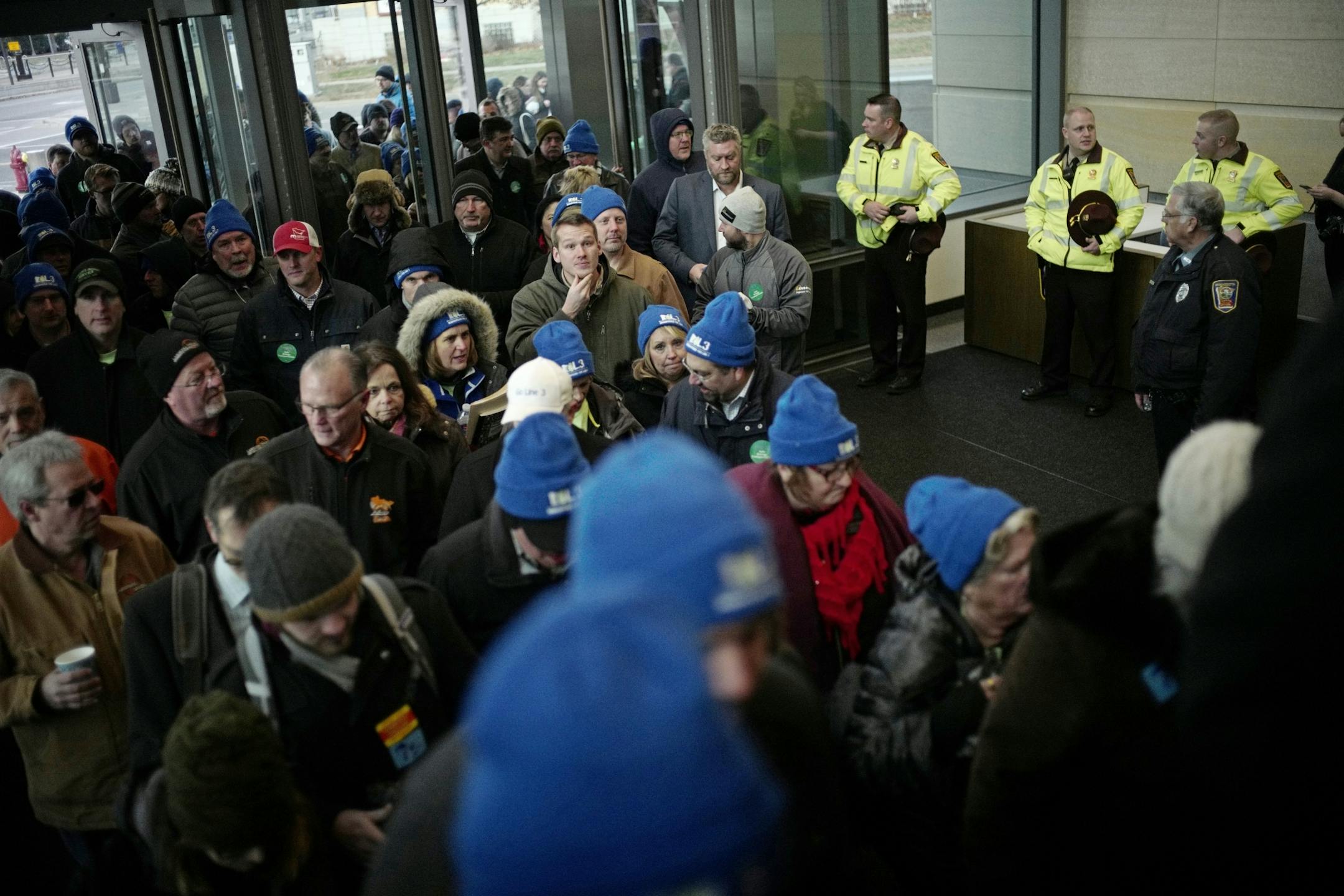 Both opponents and supports of Line 3 lined up before the doors opened to the Senate Building at 9am.