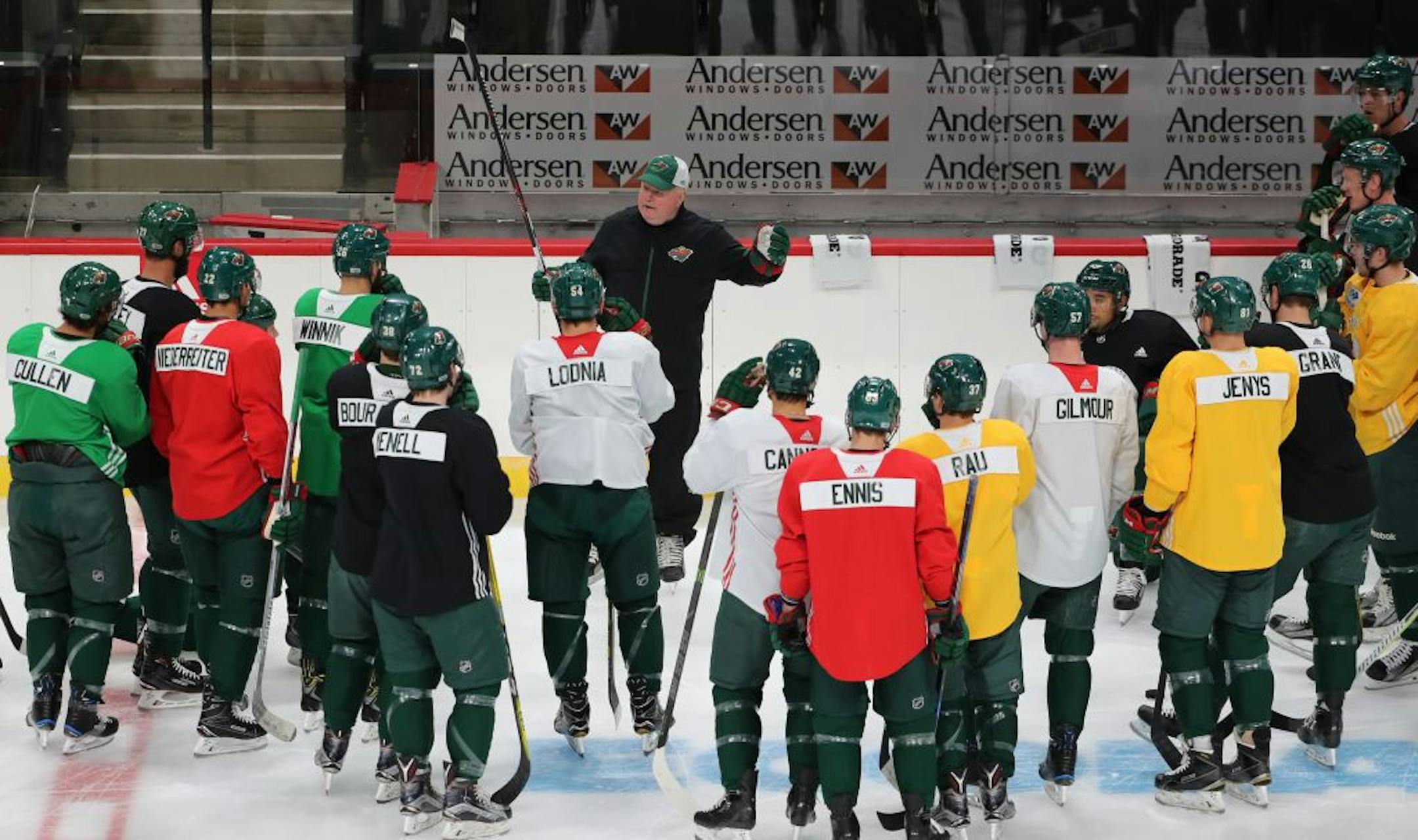 Wild head coach Bruce Boudreau addressed his team during a practice earlier this season.