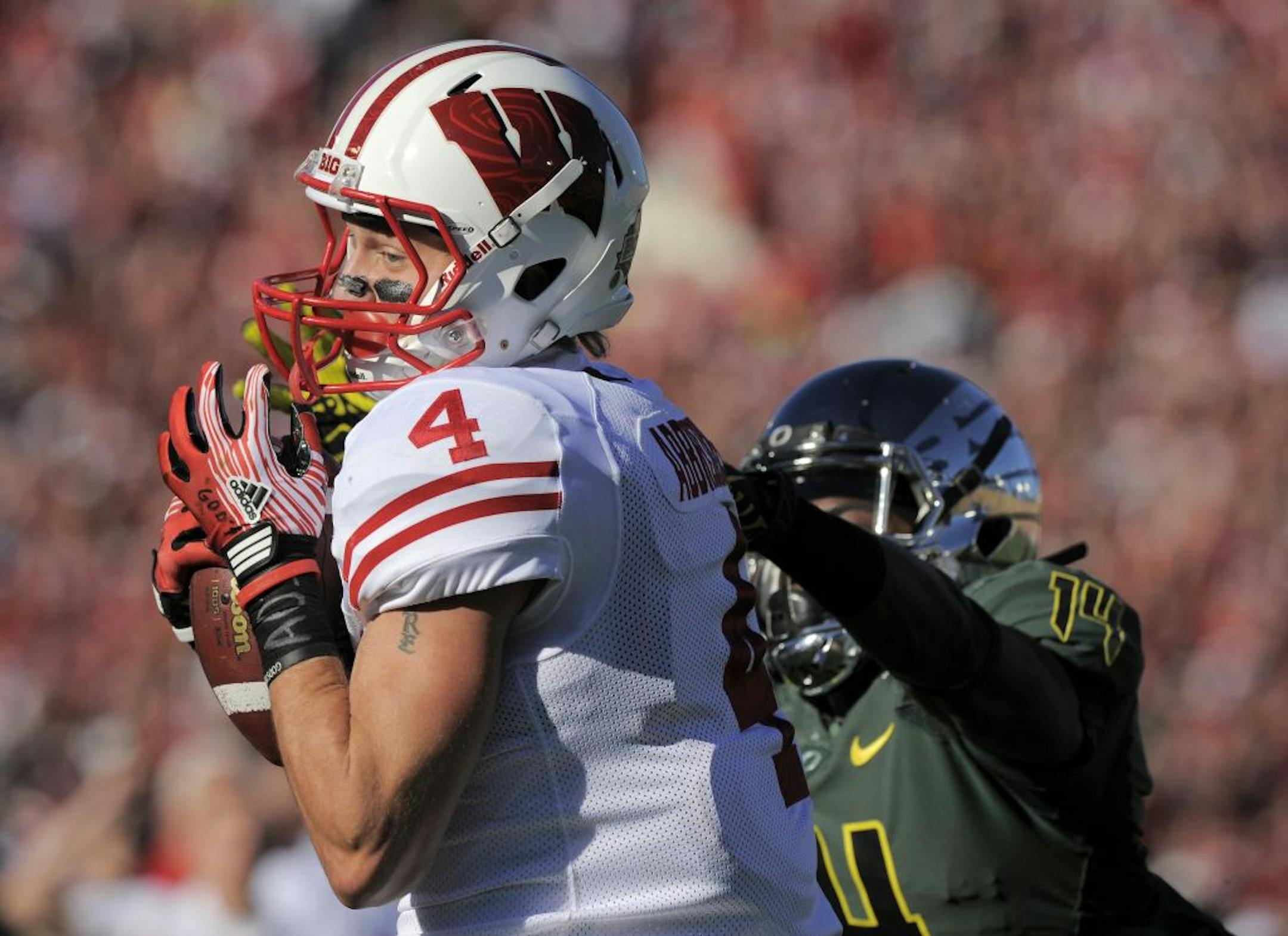 Jared Abbrederis opened Wisconsin's scoring in the Rose Bowl against Oregon last January with a 38-yard touchdown reception in the first quarter. The Wisconsin native joined the team as a walk-on, but has worked his way to a scholarship and starring role.