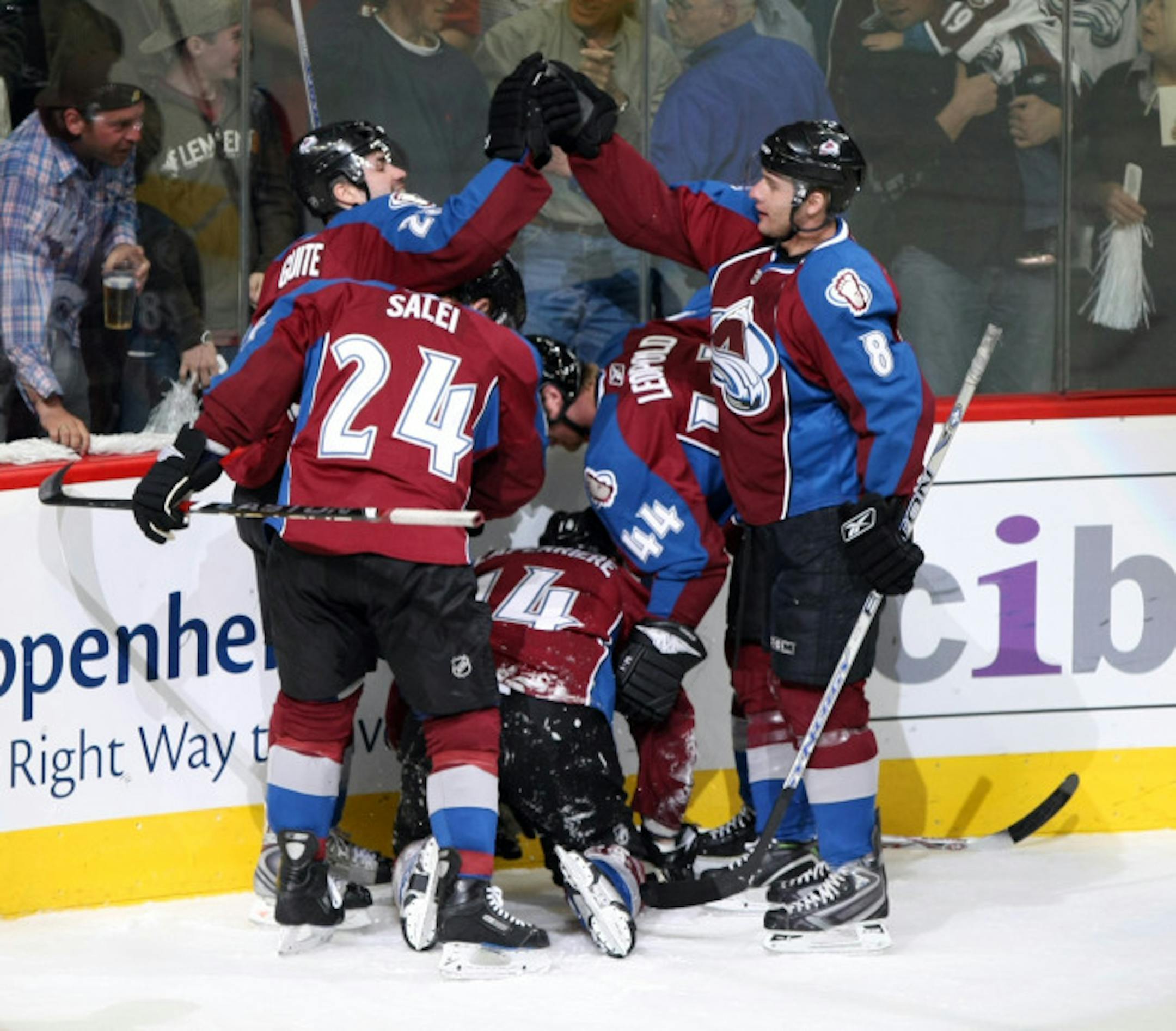 Colorado's Ben Guite, Ruslan Salei, Ian laperriere, Jordan Leopold and Wojtek Wolski celebrate Wolski's goal.