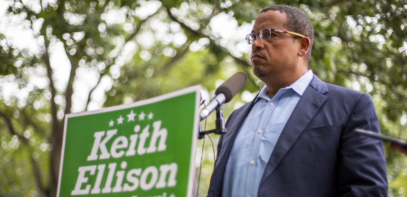 Rep. Keith Ellison pauses during his press conference to think about his response to a question. He spoke to the press regarding the domestic abuse allegations brought up on him. ] ALEX KORMANN &#x2022; alex.kormann@startribune.com Rep. Keith Ellison, currently running for attorney general, was accused of domestic violence and emotional abuse by a former partner. On Friday, Rep. Ellison met with supporters and held a press conference where he denied all allegations. He then kicked off a door kno