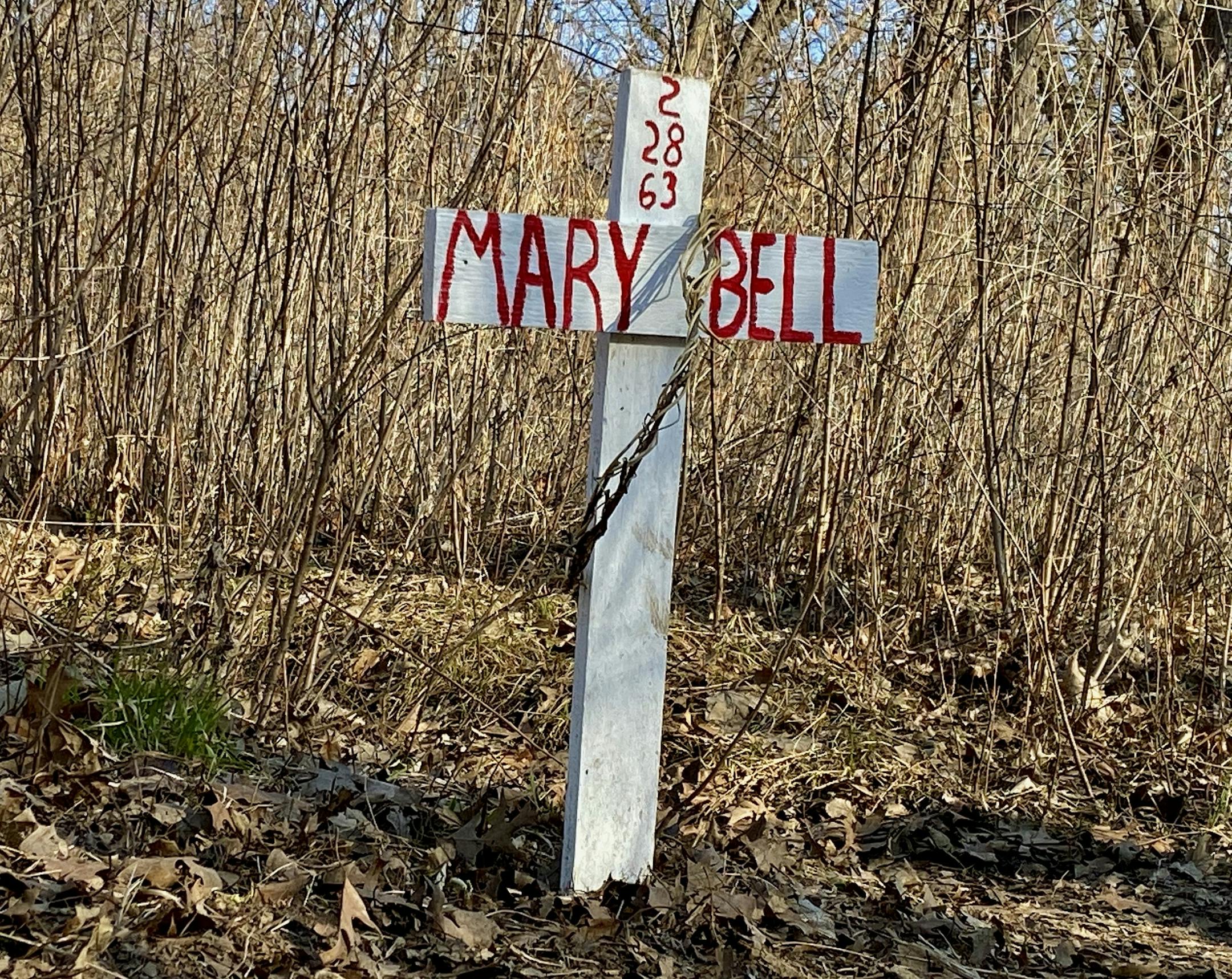 Someone recently put this cross at the spot in Minnehaha Regional Park where the body of murder victim Mary Bell was found 57 years ago.